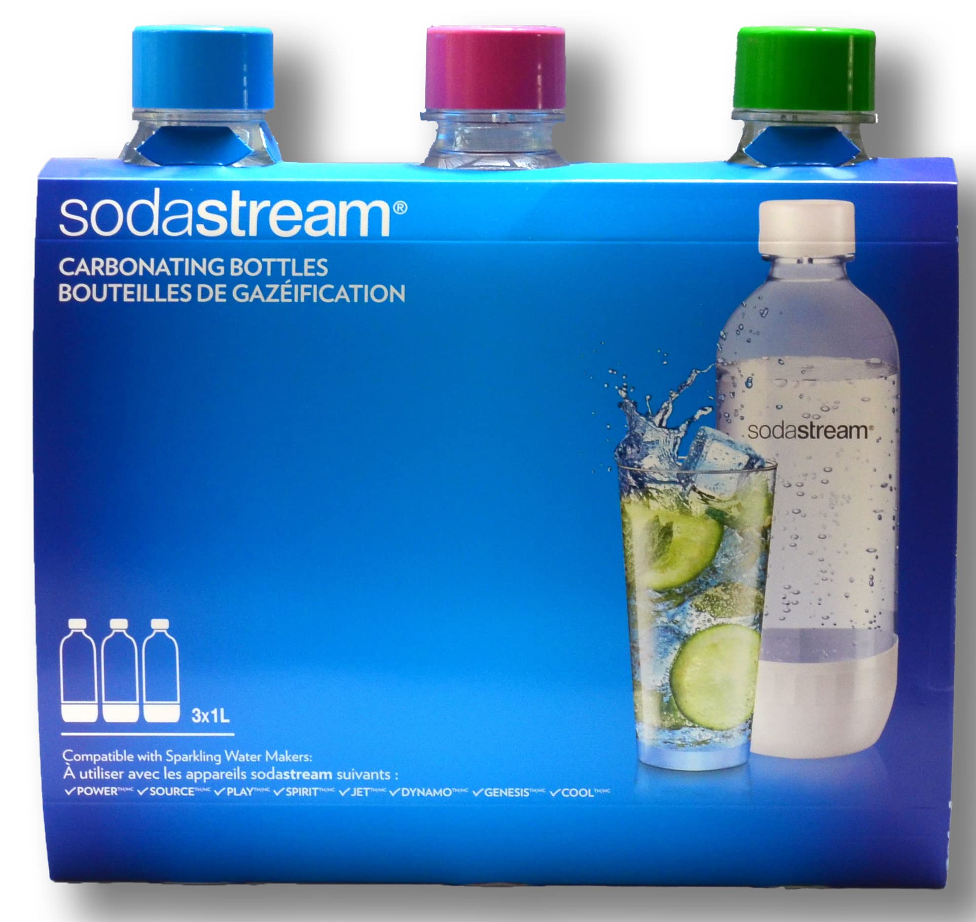 Soda Stream 3 Pack Original Sodastream Reusable Sparkling Water Carbonating Bottles 1L 1 Liter Bundle with Kidscare 14 inch Bottle Cleaning Brush