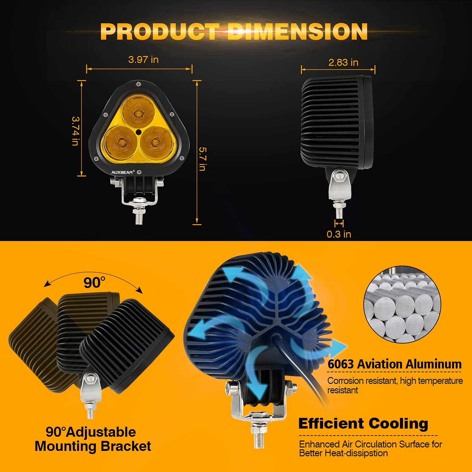 Auxbeam 4in 90W Led Amber Fog Light, Super Bright 9000LM LED Off Road Light Yellow Spot Flood Combo Triangle Led Pod for Jeep Motorcycle SUV Trucks Boat