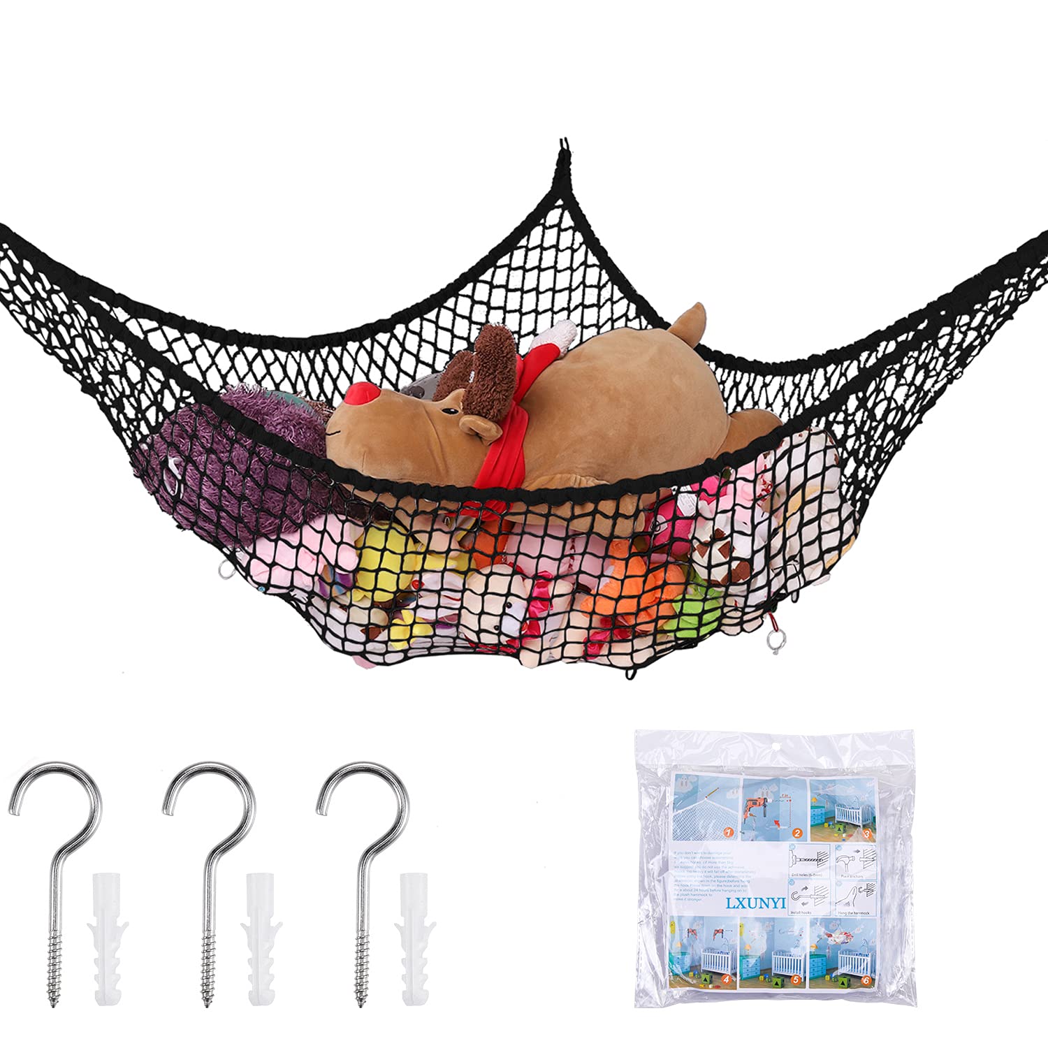 Stuffed Animal Hammock, Toy Hammock Storage Net, LXUNYI Mesh Toy Net Holder Jumbo Wall Corner Giant Baby Kids Children Stuff animals Hammocks Net Organizer for Bedroom (Black, 84 inch)