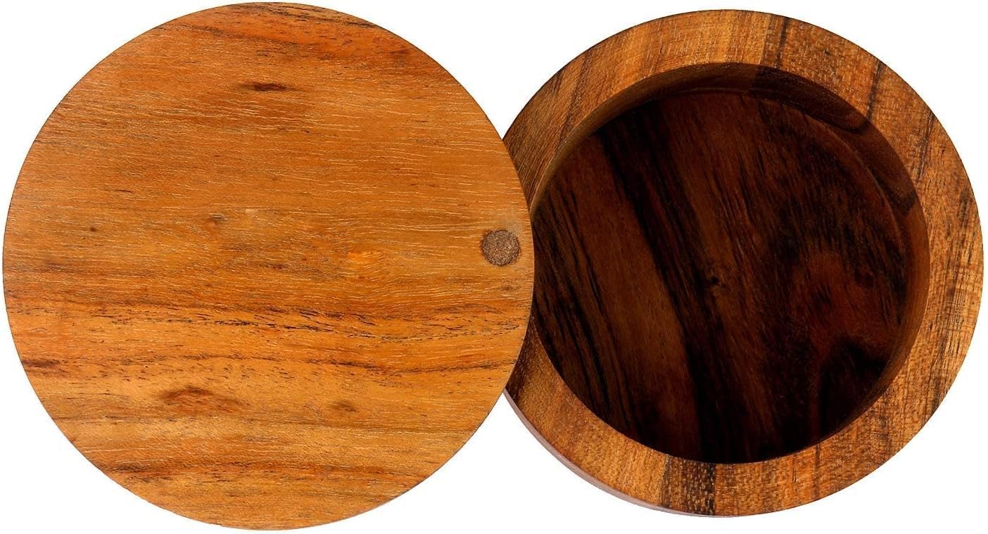 Kaizen Casa Acacia Wood Salt or Spice Box with Swivel Cover perfect for keeping table salt, gourmet salts, herbs or favorite seasonings, close at hand on your countertop.