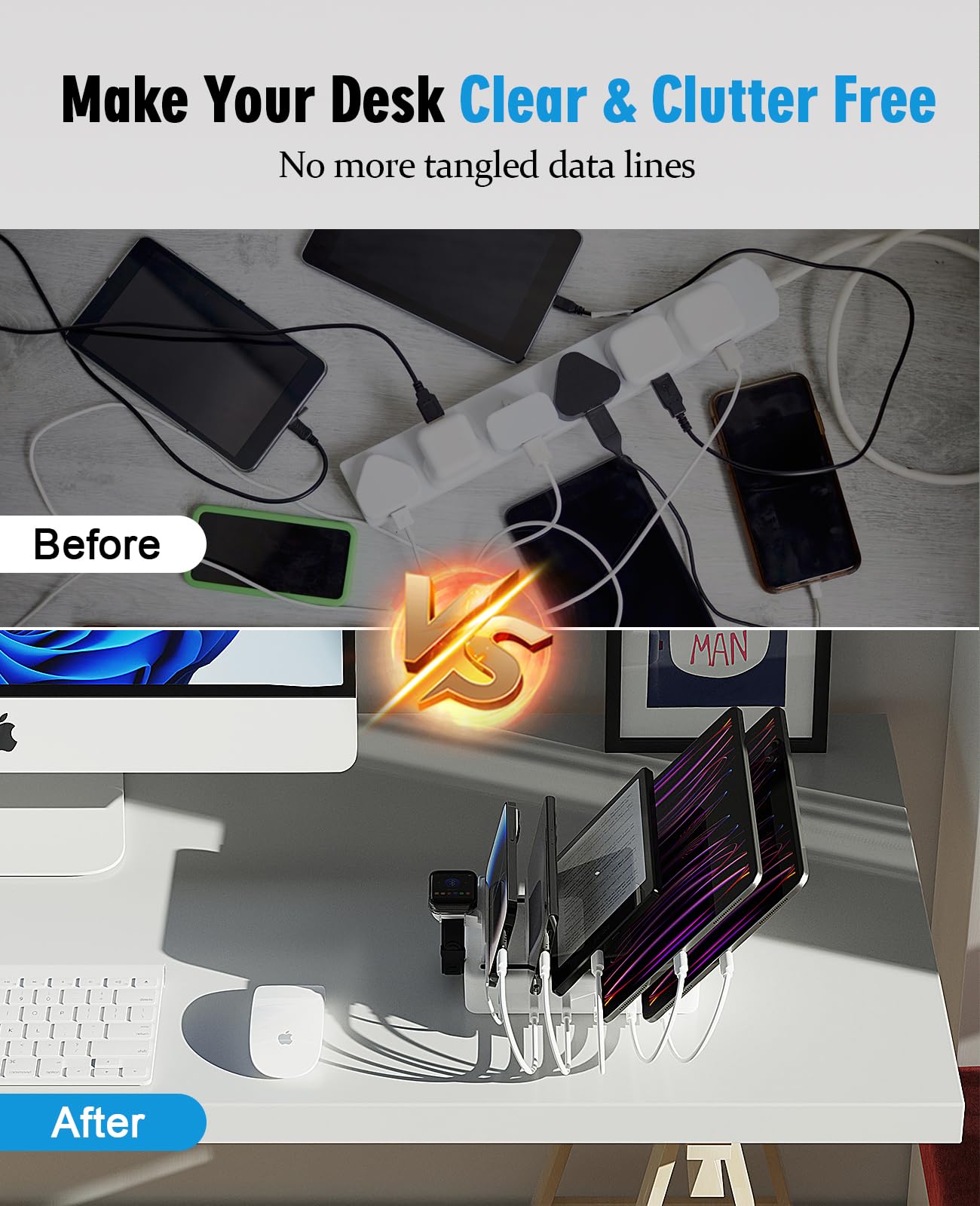 Charging Station Multiple Charger Station - 2025 New 6-Port USB Fast Charging Dock 50W Organizer Station with Watch Charger for iPhone|Android Cell Phone|iPad|Kindle|Watch|Tablet