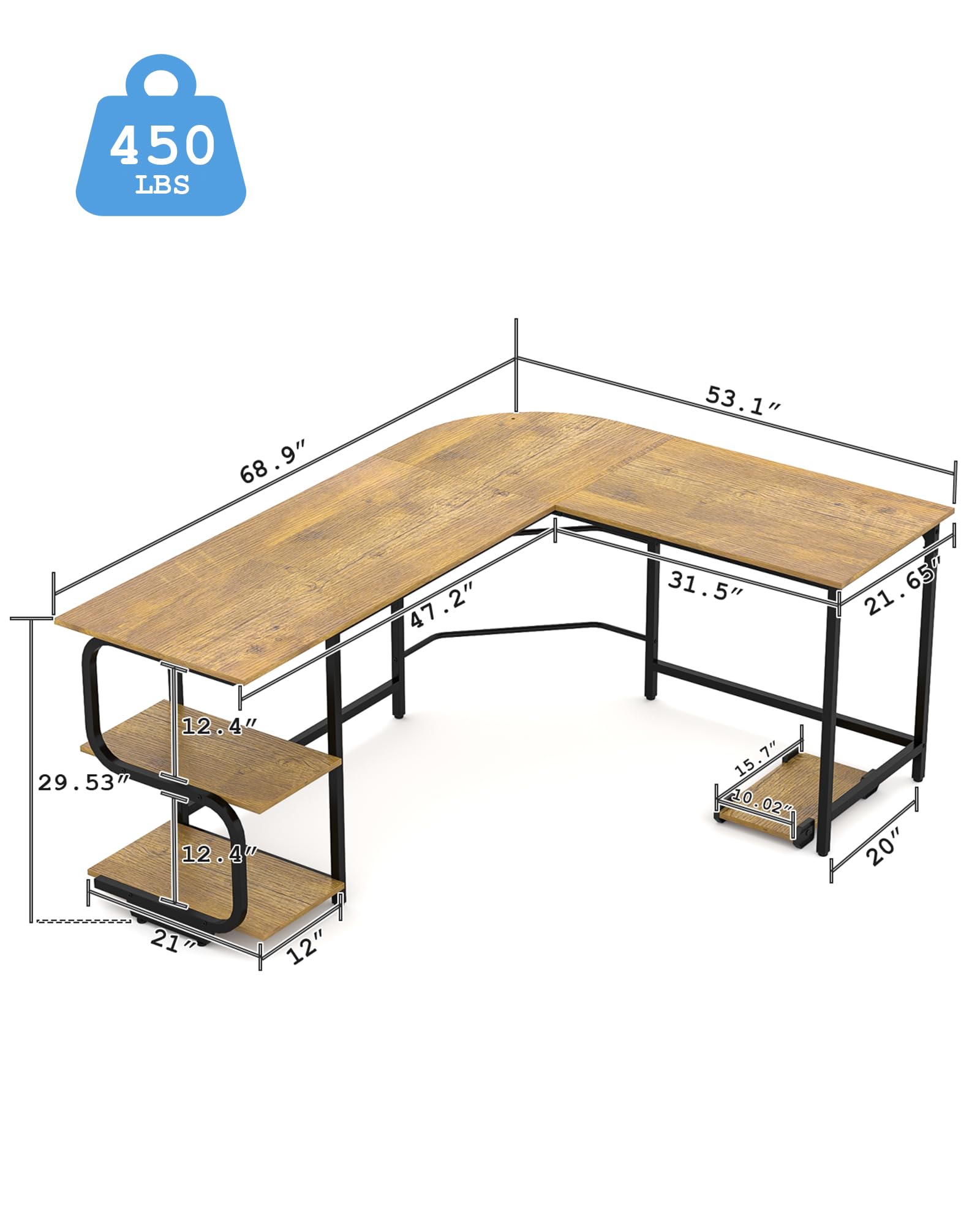 Teraves Reversible L Shaped Desk with Large Surface, 69 Inch Sturdy Corner Desk with Storage Shelves, Premium Office Computer Desk for Home Office Gaming