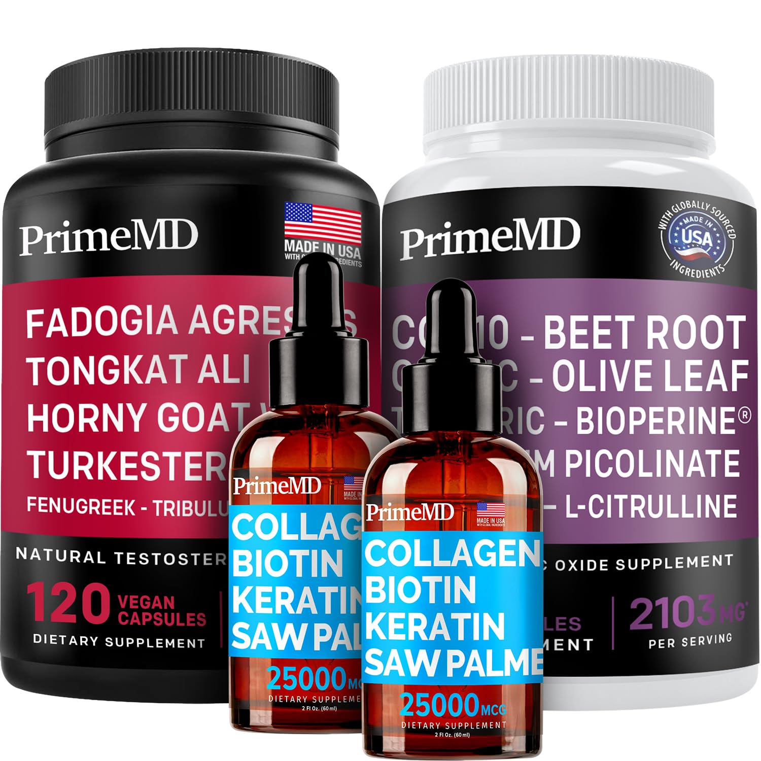 Liquid Collagen Biotin (2pk), Fadogia Tongkat Ali (1pk), and Nitric Oxide (1pk) Supplement Bundle - Potent Vitamins for Hair, Skin, Nails, Heart, Energy, & Testosterone Support - Non-GMO, Vegan