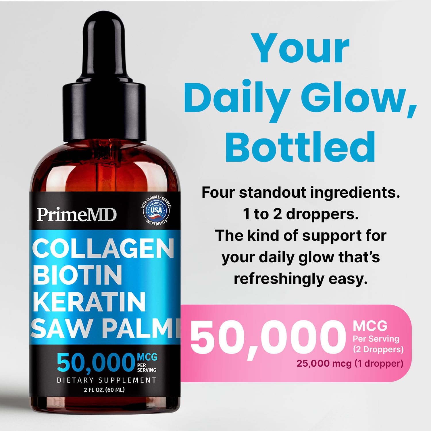 Liquid Collagen Peptides for Women - Serum Complex with Biotin Vitamin, Hydrolyzed Keratin Protein and Saw Palmetto - Comprehensive Formula for Hair, Skin, and Nails Wellness - 2fl oz (Pack of 1)
