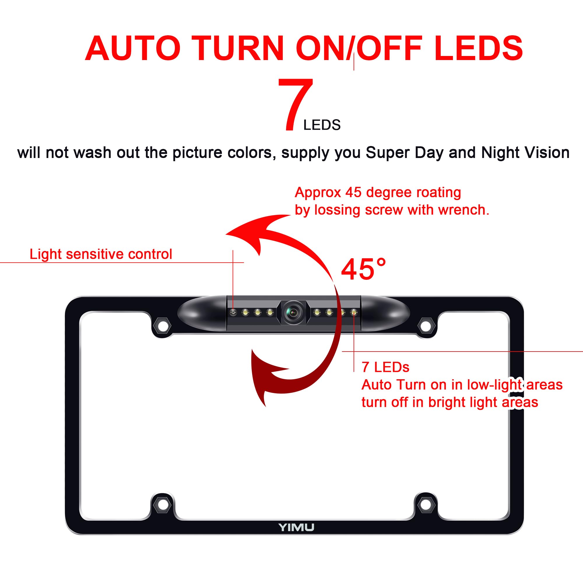 YIMU License Plate Frame Backup Camera HD Rear View Reverse Camera with 7 LED Night Vision 150 Degree Viewing Angle, Waterproof, for Cars/SUV/Pickup/Truck/Van/RV/Trailer Single Power Rear View System