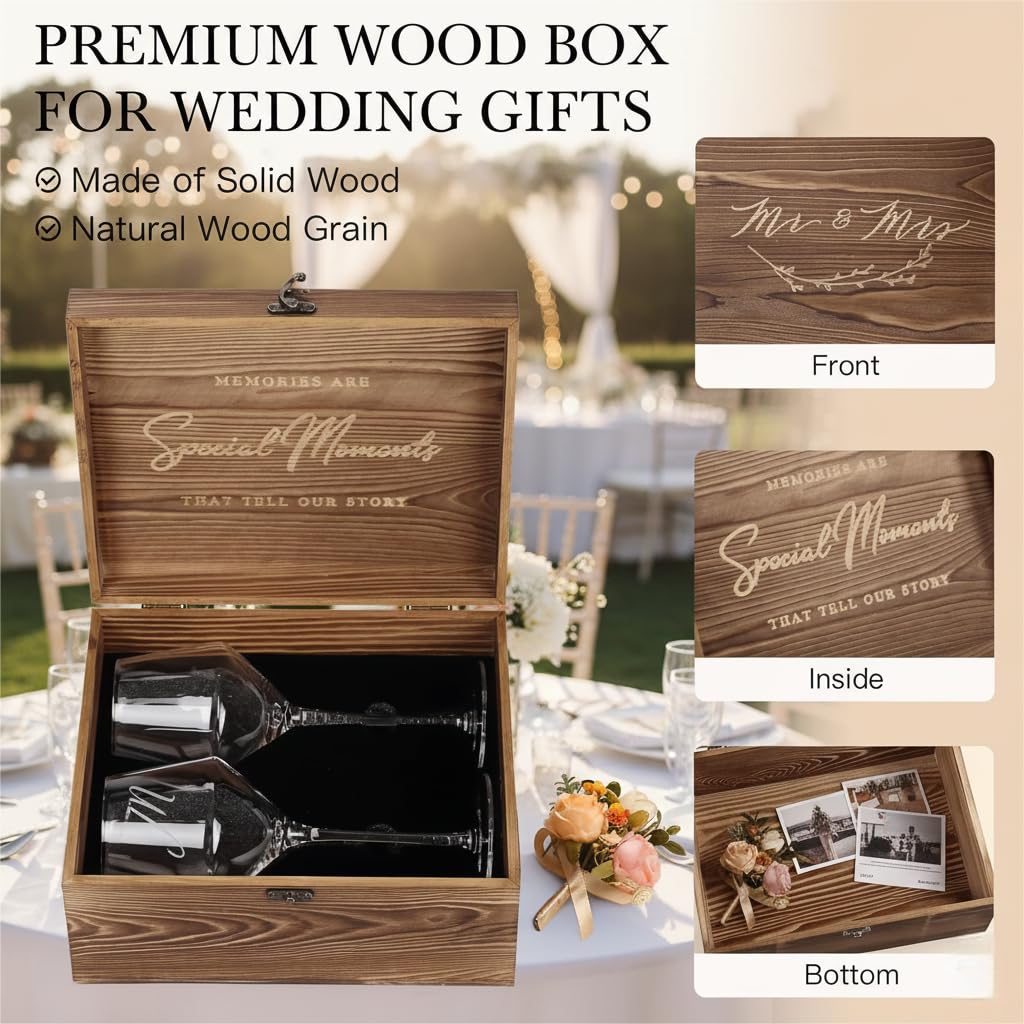 Mr Mrs Wine Glasses Gifts for Engagement/Bridal Shower/Wedding,Just Engaged Gifts for Coules/Women/Newlyweds,Bridal Shower Gift for Bride to be-Wedding Keepsake Wooden Box Set for Christmas Couples