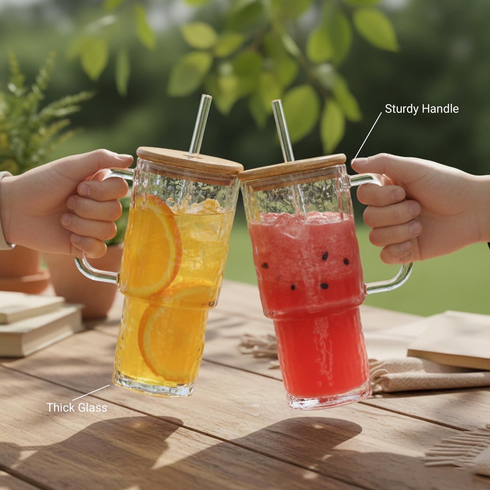 SIPBYSOP 26 oz Water Ripple Glass Tumbler with Handle Lid and Straw, 2 Pack Large Iced Coffee Cups,With Bamboo Lid,for for Hot & Cold Beverages, Smoothies, Tea and Juice, Dishwasher Safe