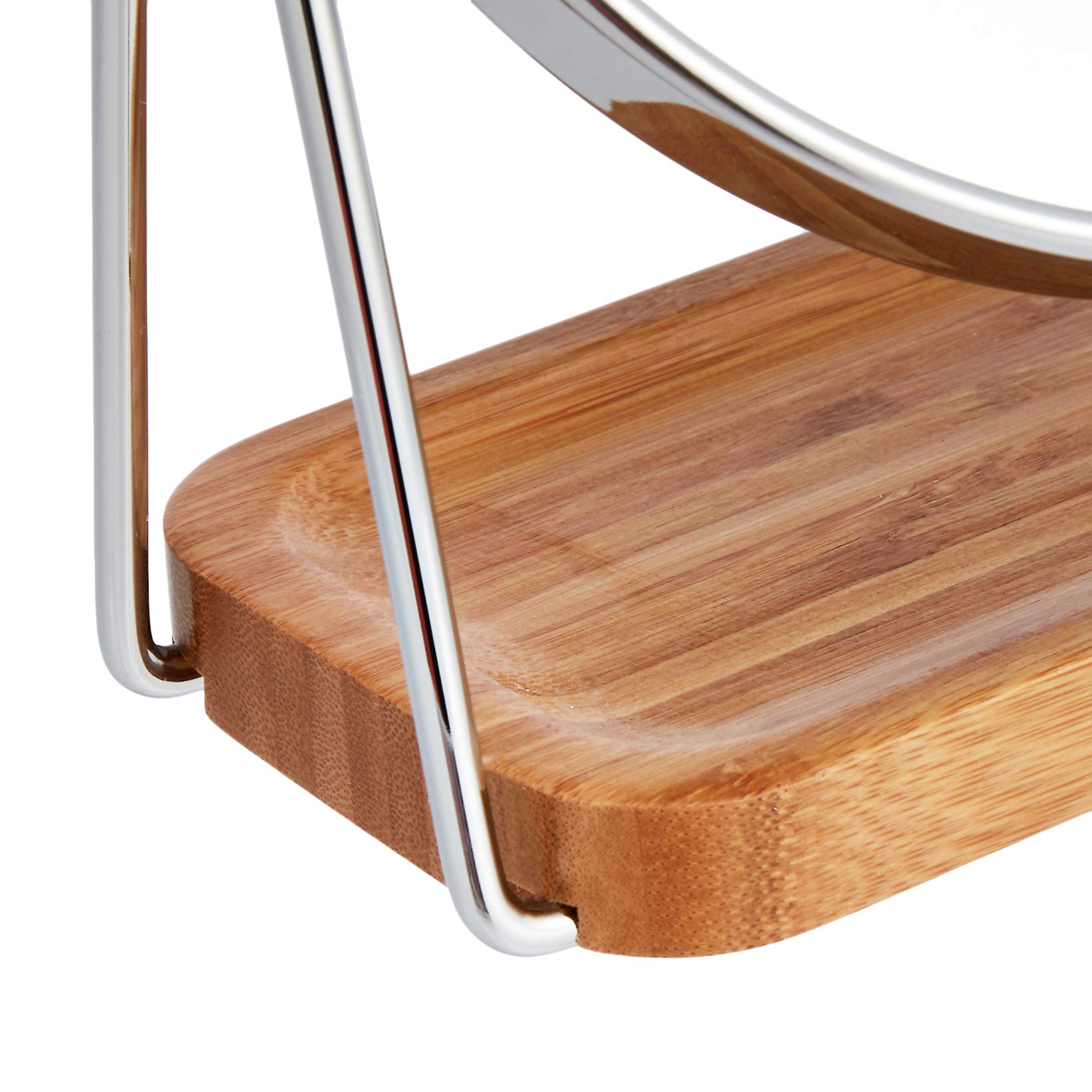 Amazon Basics Vanity Round Tabletop Mount Mirror with Squared Bamboo Tray Magnification, Chrome & Bamboo, 7.2"L x 3.35"W