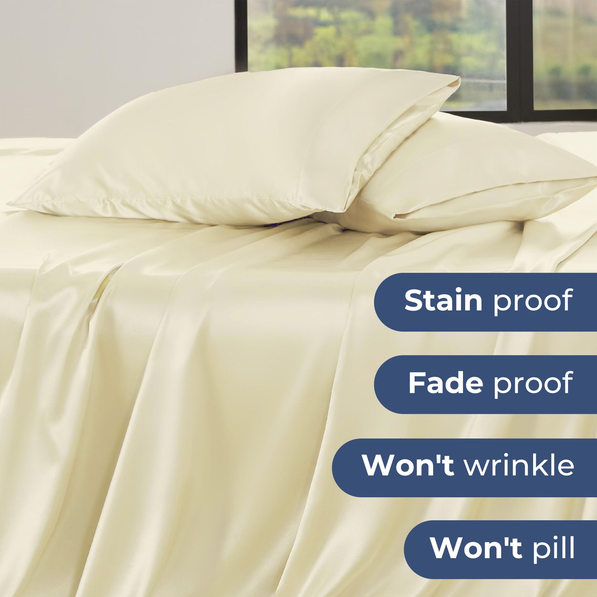 Seasonwood Silk Stain Sheets Set Deep Pocket Queen Sheets 4 Pieces with 2 Pillow Case,Ivory