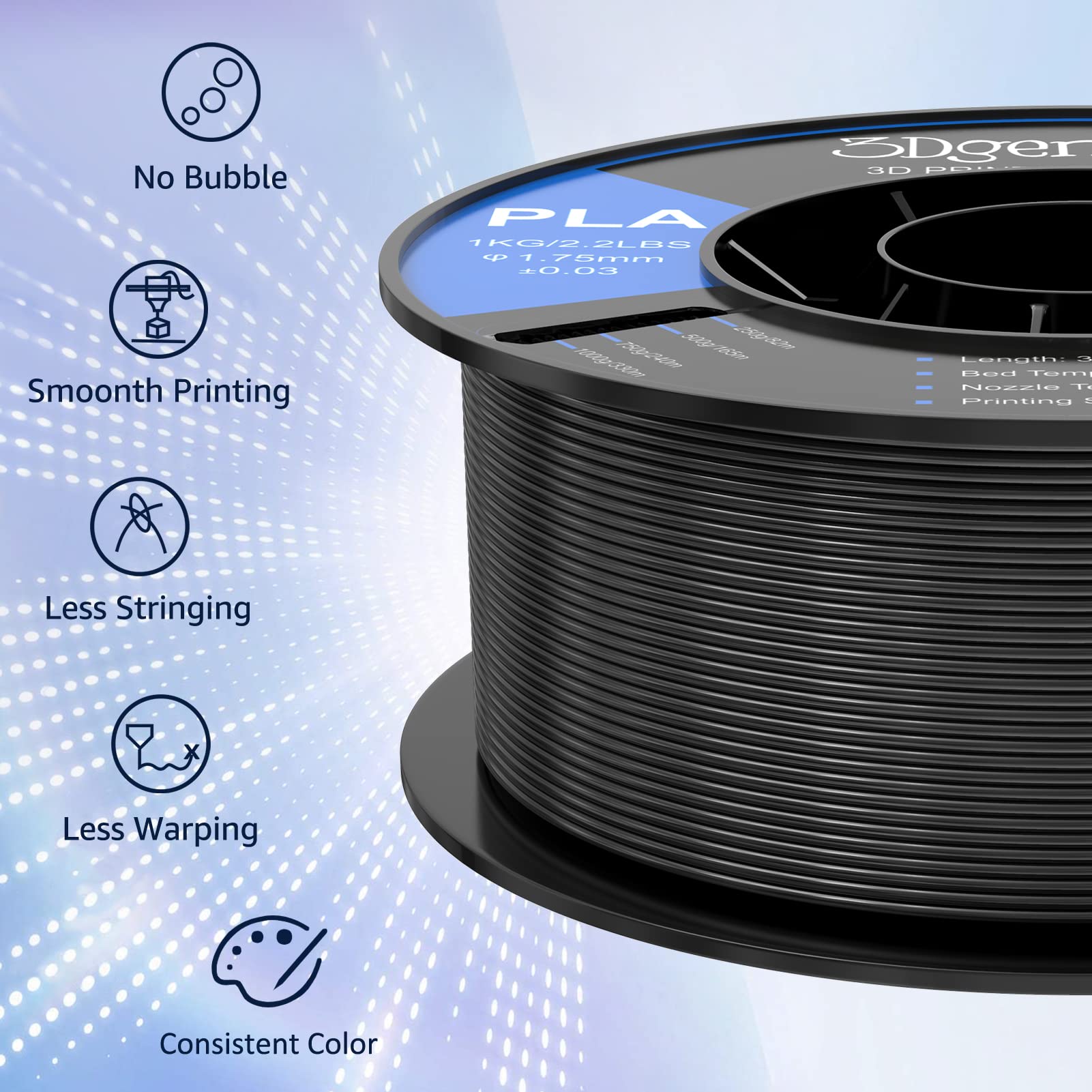 3Dgenius 1.75mm PLA Filament - 1kg/2.2lbs Spool, Black, +/- 0.03mm Accuracy, Fits Most FDM Printers