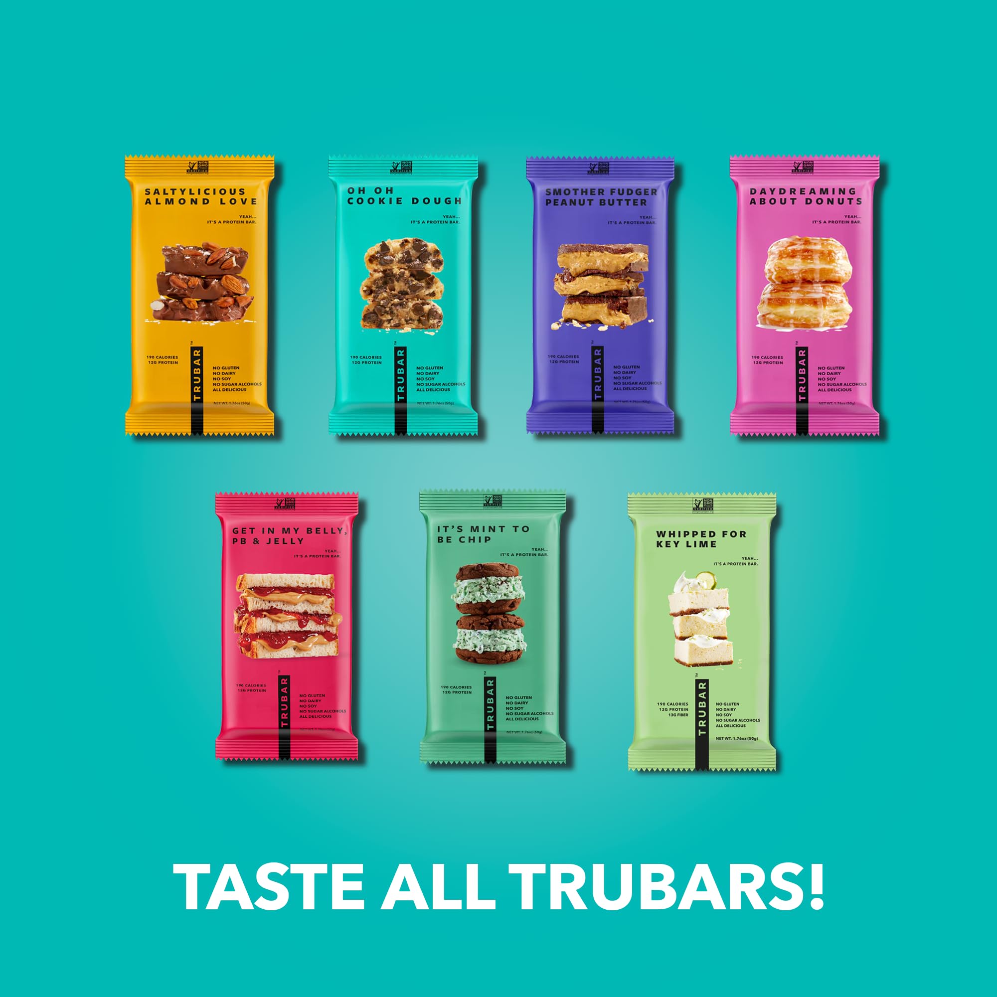 TRUBAR Vegan Protein Bar, Oh Oh Cookie Dough, Gluten Free, Plant Based Protein, Dairy Free, Non GMO, Soy Free, No Sugar Alcohols, 12G Protein, 12G Fiber, 23G Carb, Healthy on The Go Snack Bars, 12 CT