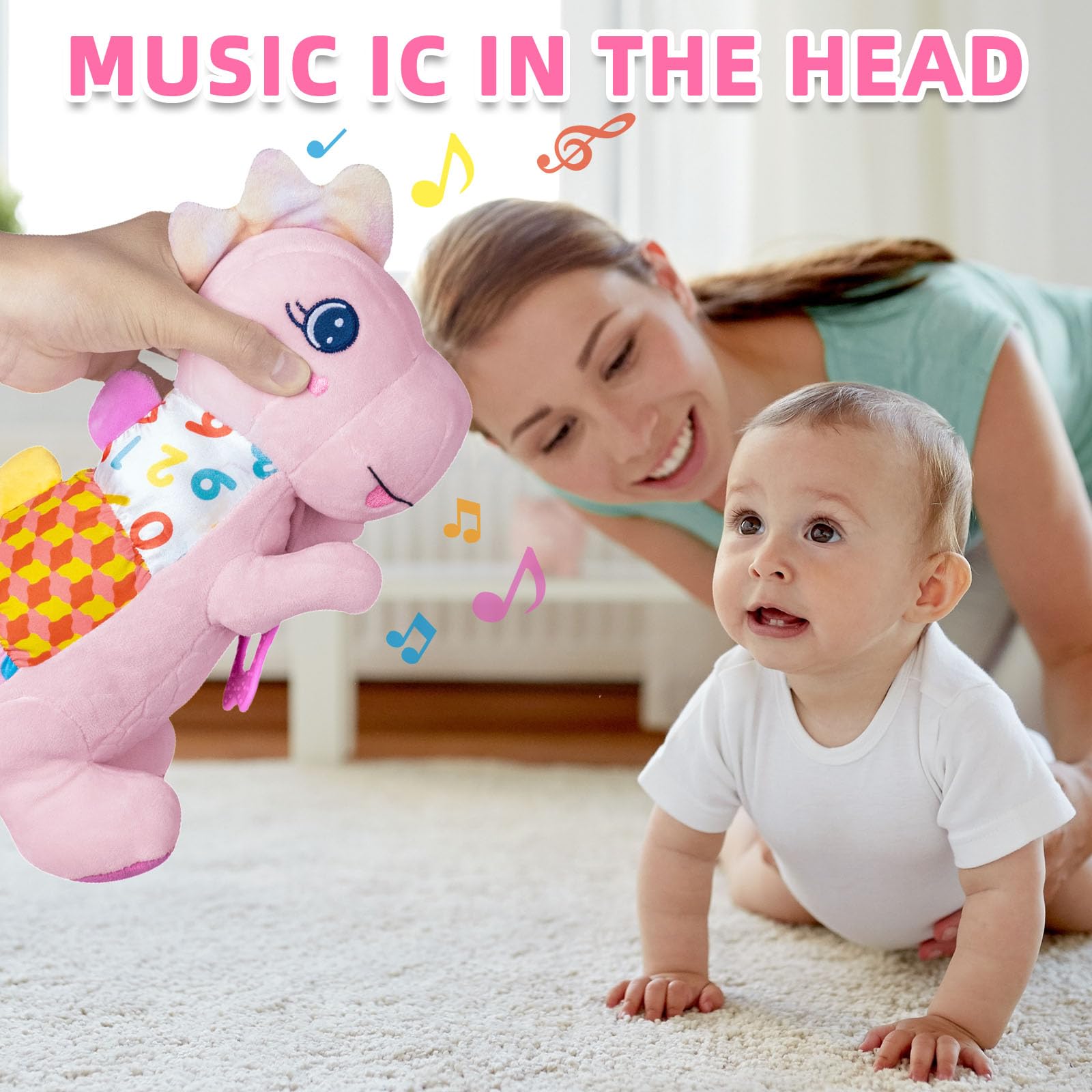 Baby Dino Musical Stuffed Animal Toys for 0-3-6-9-12 Months,Infant Dinosaur Tummy Time Toys with Crinkle Sound Paper,Teether,Textures & Rattles for Newborn Boys Girls Birthday Gifts,Pink