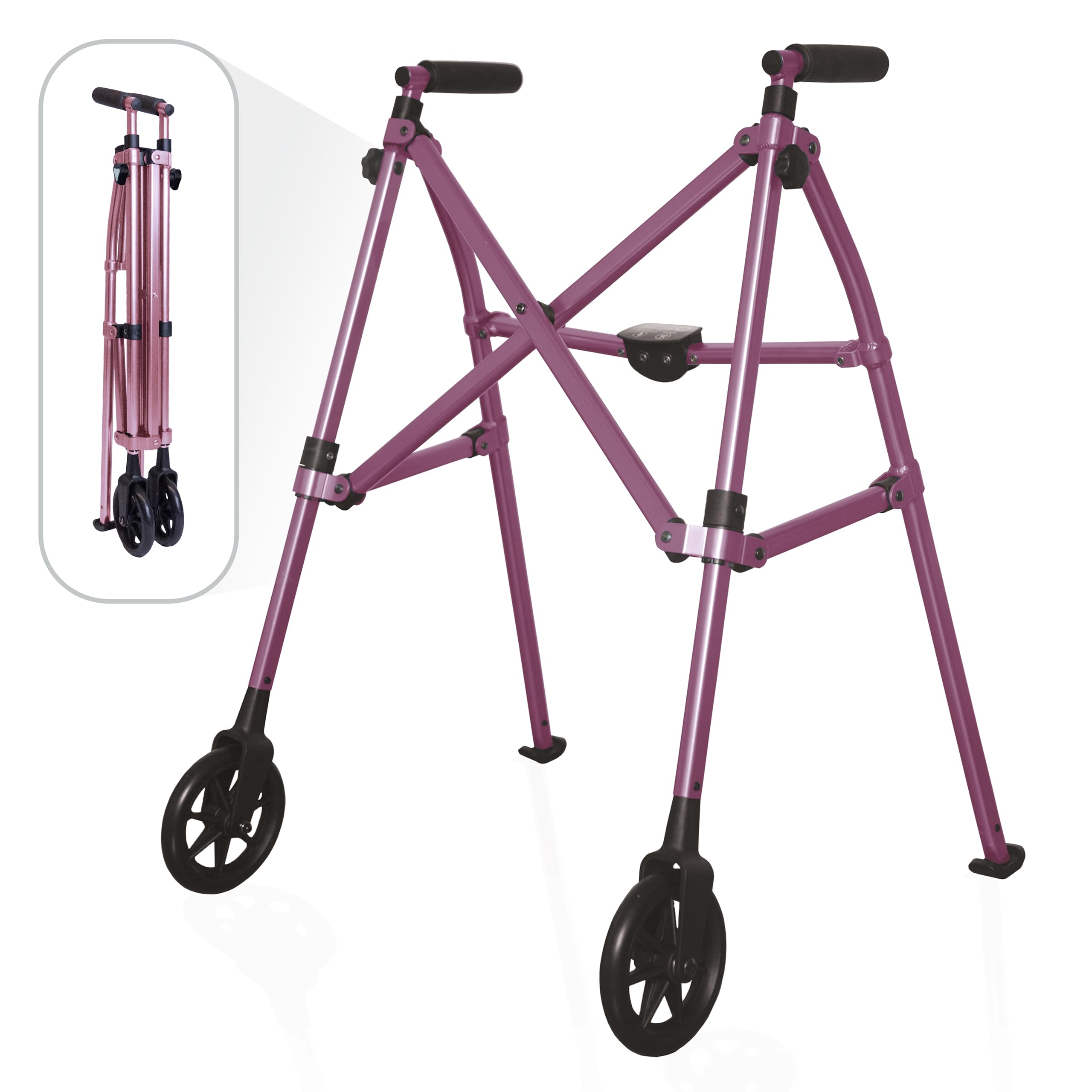 Stander Space Saver Walker, Lightweight Folding Rolling Mobility Aid for Seniors & Adults, Compact 2-Wheel Disability Device with 6-inch Wheels & Ski Glides for Walking Support, Regal Rose