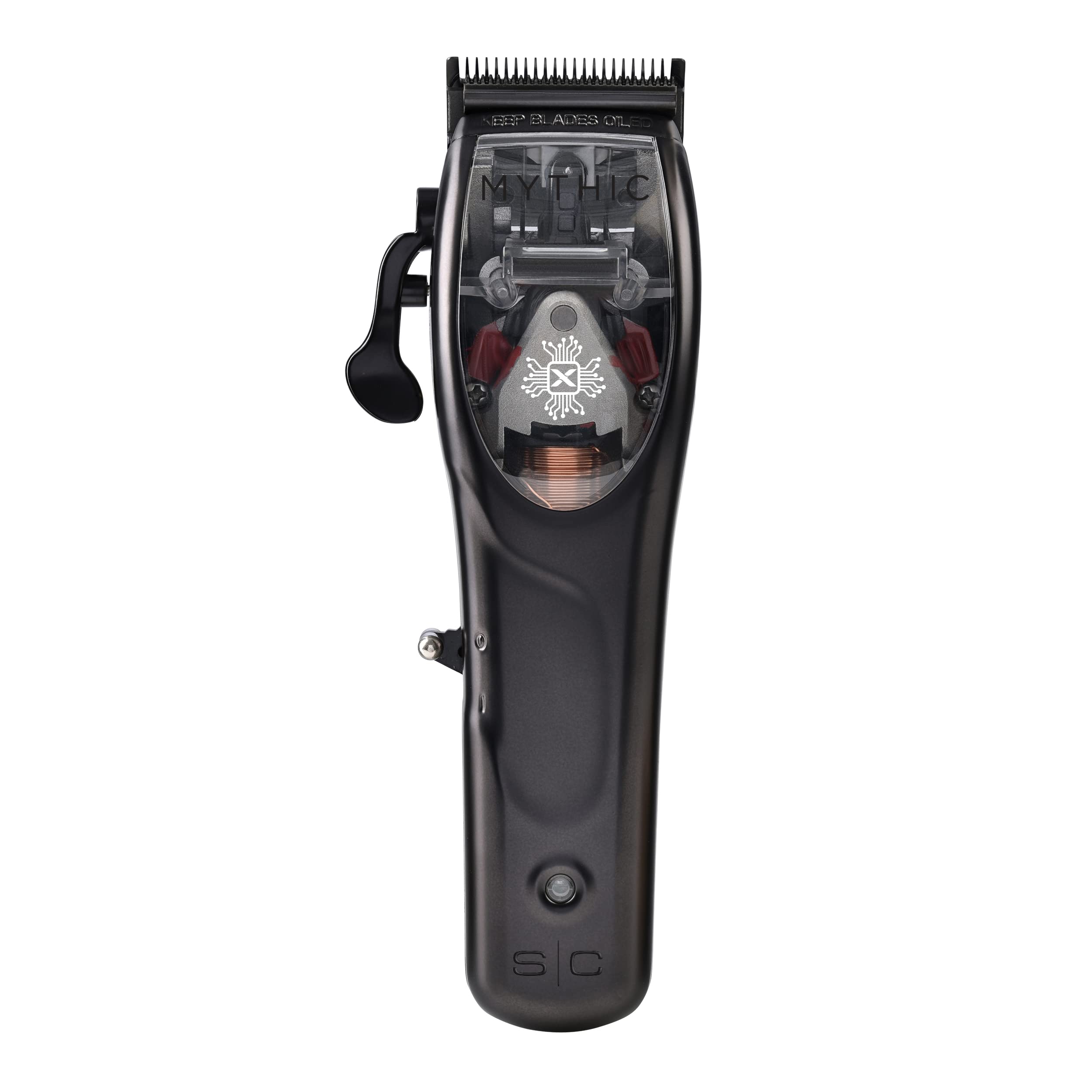 Stylecraft Mythic Professional Metal Body Cordless Hair Clipper with 9V Magnetic Microchipped Motor, Double Black Diamond Carbon Blades, 8 Guards, Black