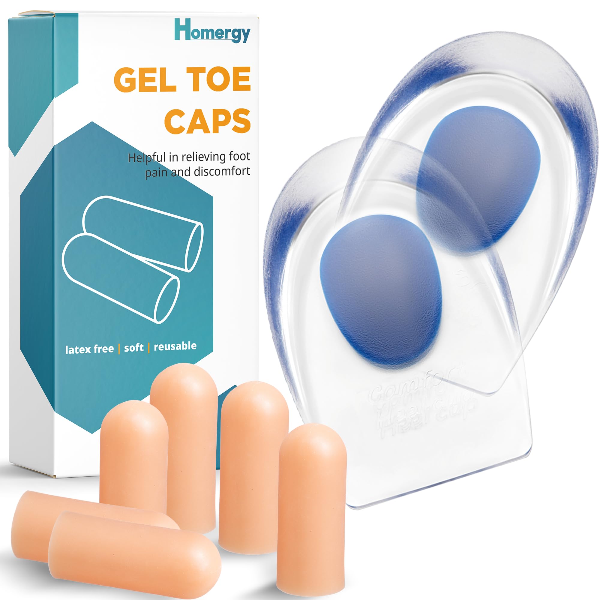 Gel Silicone Heel Cups/Pads - 2 Pack, Size L, Heel Lifts for Achilles Tendonitis, Soft Gel Toe Cap - 6 Small Toe Protectors for Women & Men