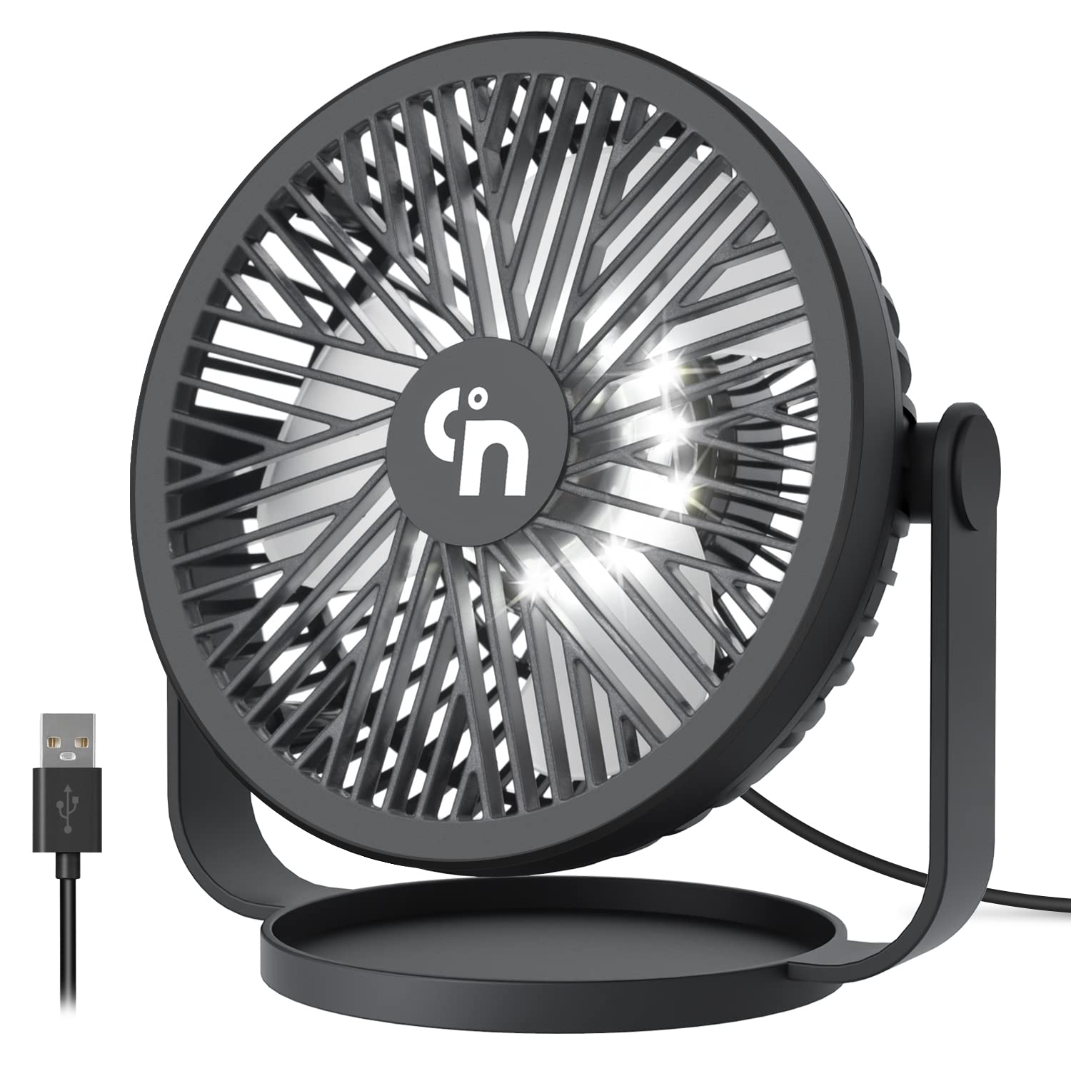 GagetElec USB Desk Fan with LED Night Lights,3 Speeds Desktop Cooling Mini Fan,360°Rotation Strong Wind USB Table Fan,Small Personal Travel Fan for Home Office Desktop Office Table 5.3 Inch (T5-02)