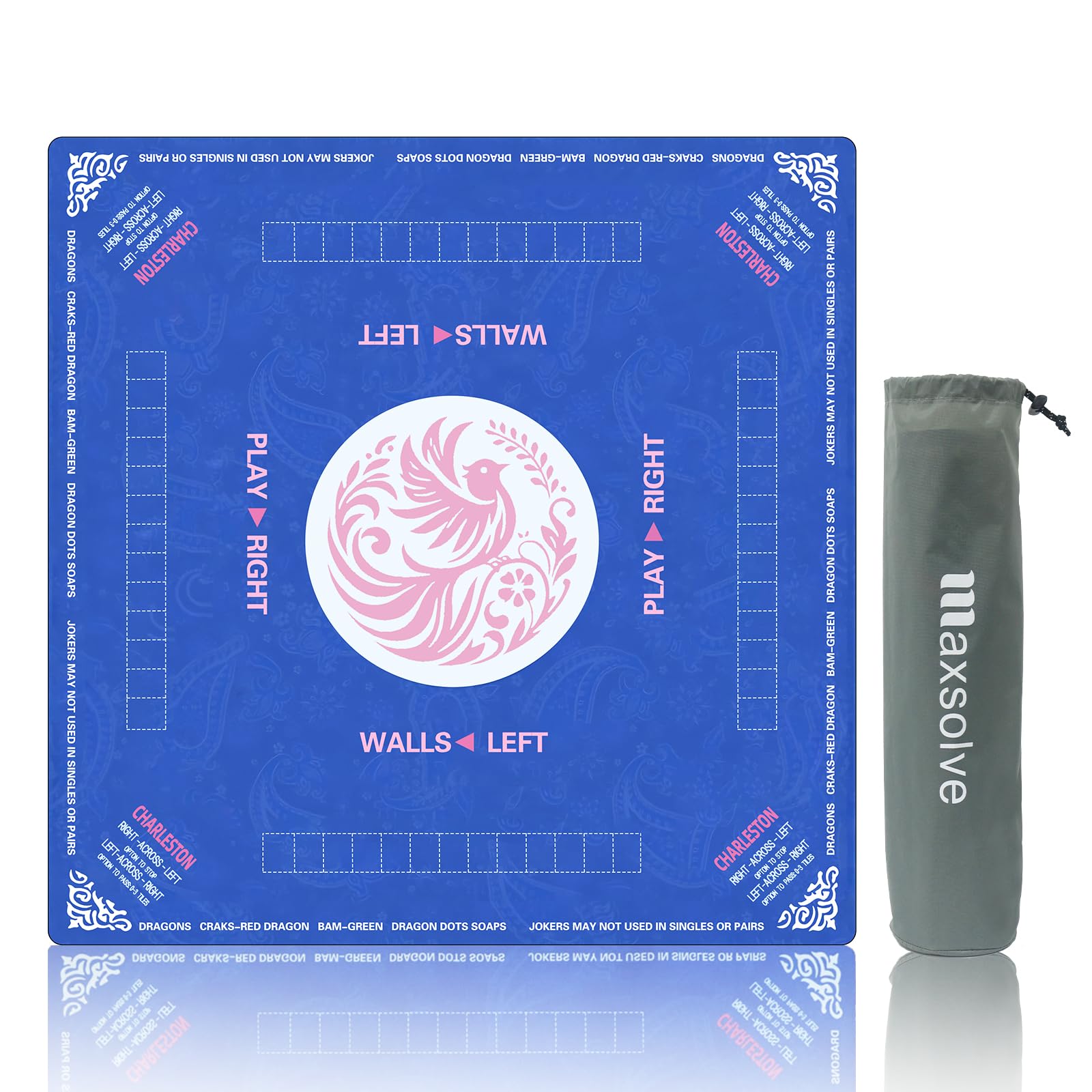 2025 Mahjong Mat, 31.5" x 31.5" Neoprene Mahjong Table Mat with Rules, Anti Slip & Noise Reduction Gaming Mat for Poker, Card, Dominoes, Board & Tile Games, Mahjong Gift with Carrying Bag - Blue