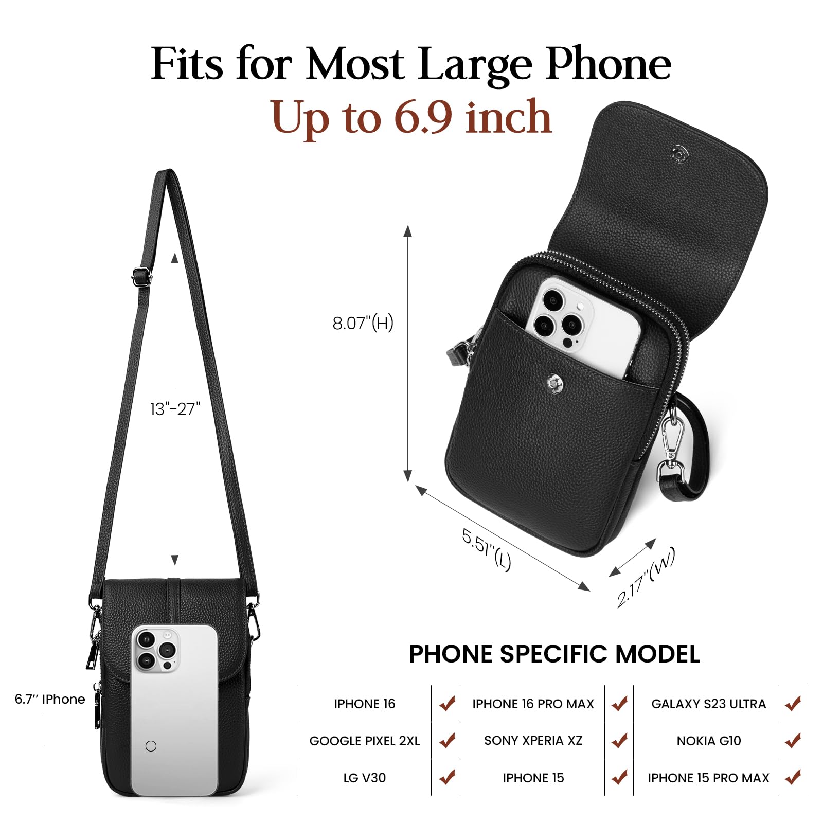 befen Black Genuine Leather Crossbody Purses for Women, Cell Phone Bags with RFID Pocket Small Women's Crossbody Handbags, Light Weight Shoulder Purses for Women