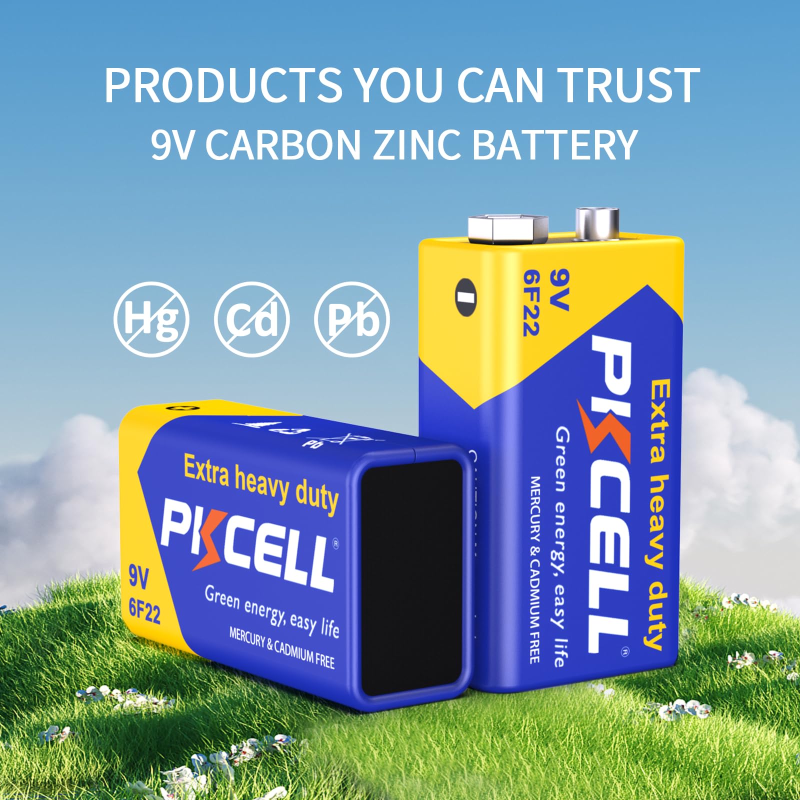 PKCELL 9V Battery Carbon Zinc for Smoke Detectors 6F22 Battery, 10-Year Shelf Life,Ultra Long-Lasting(2 Count)