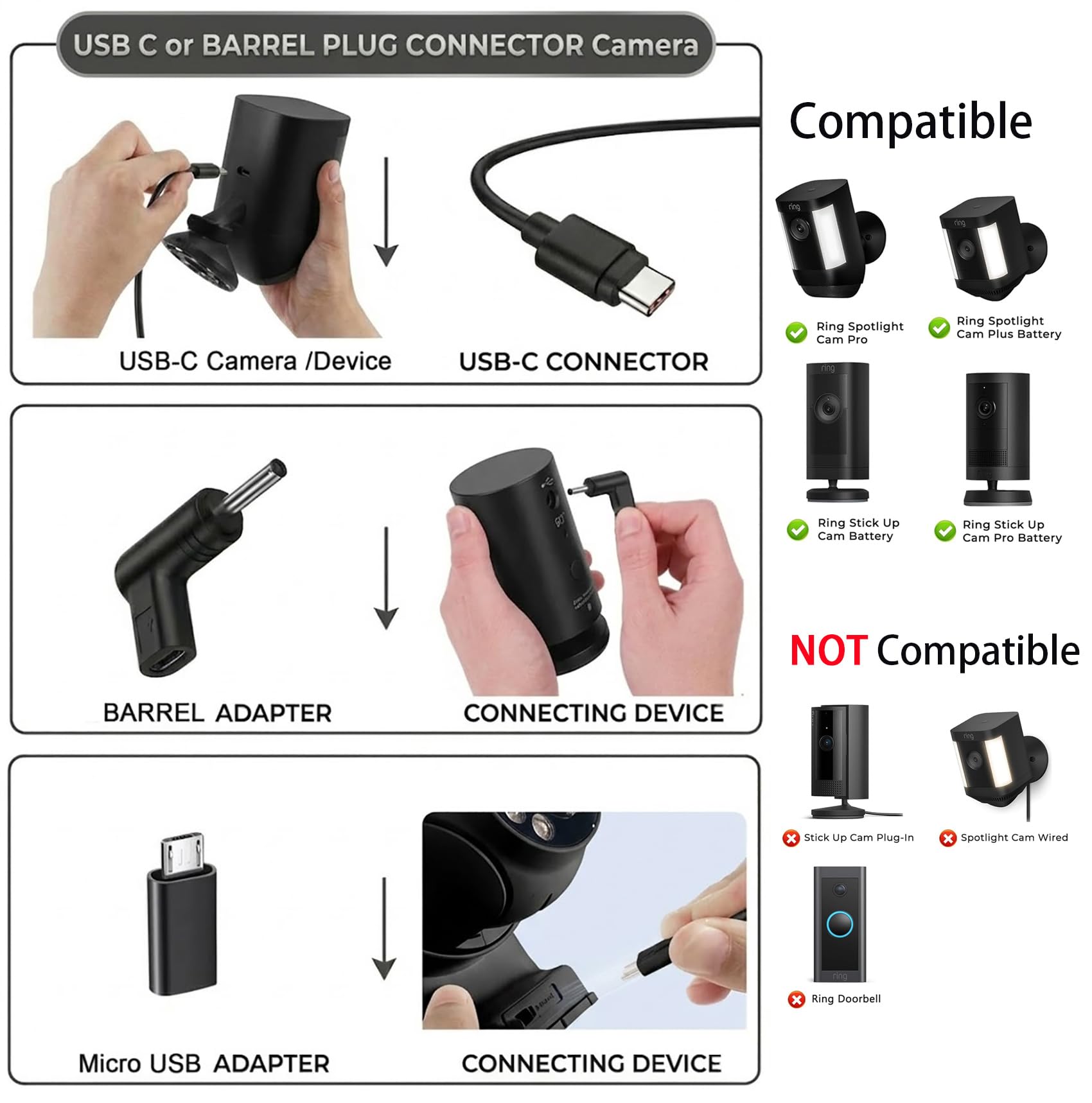 Solar Panel for Ring Camera - 5W Solar Charger with Power Pack Compatible with Most Blink Reolink Cameras Doorbell IP65 Waterproof, 10FT Cable with USB-C to Ring Barrel Plug Micro USB Adapter