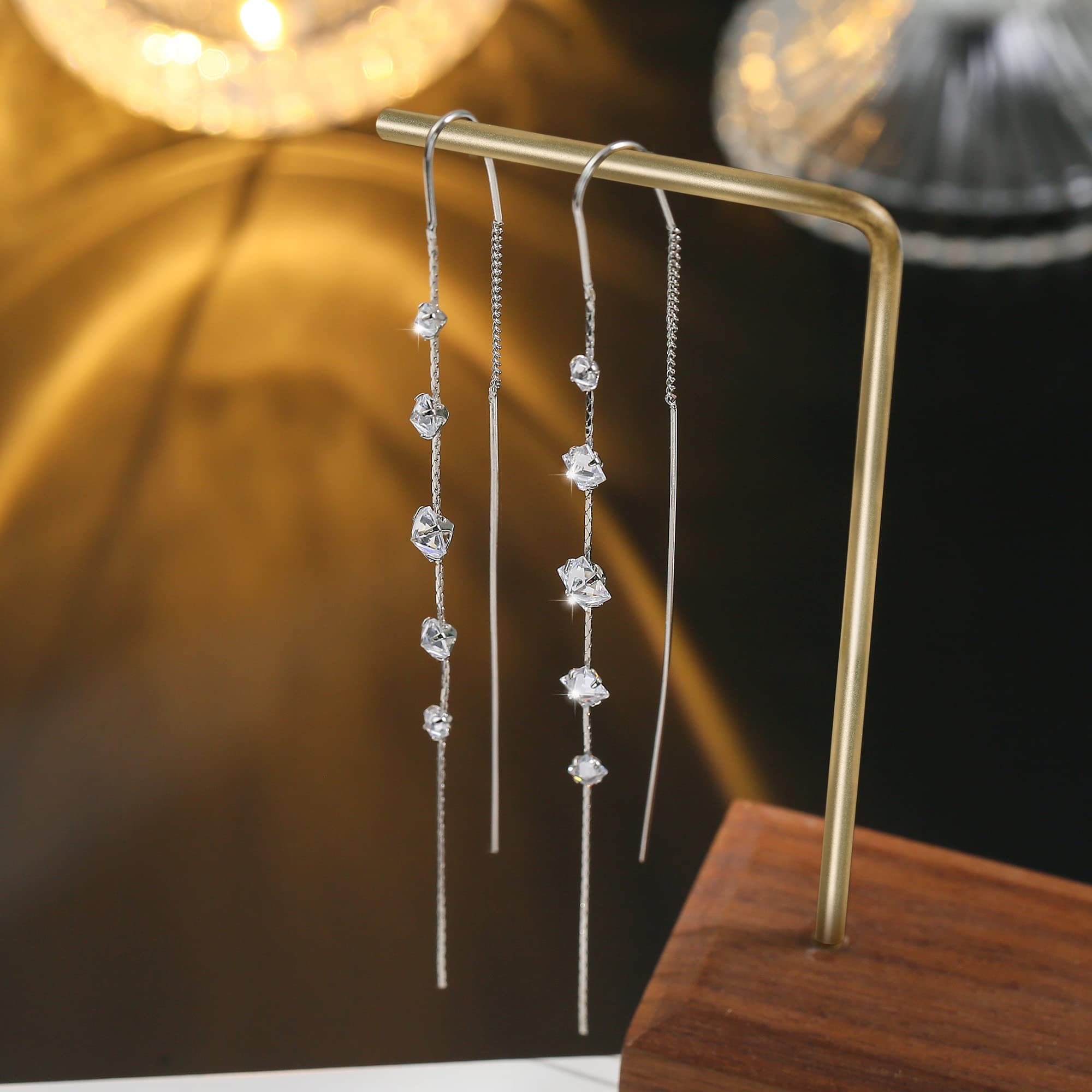 Threader Earrings for Women 925 Sterling Silver Plated Cubiz Zirconia Long Dangle Drop Earrings for Teen Girls