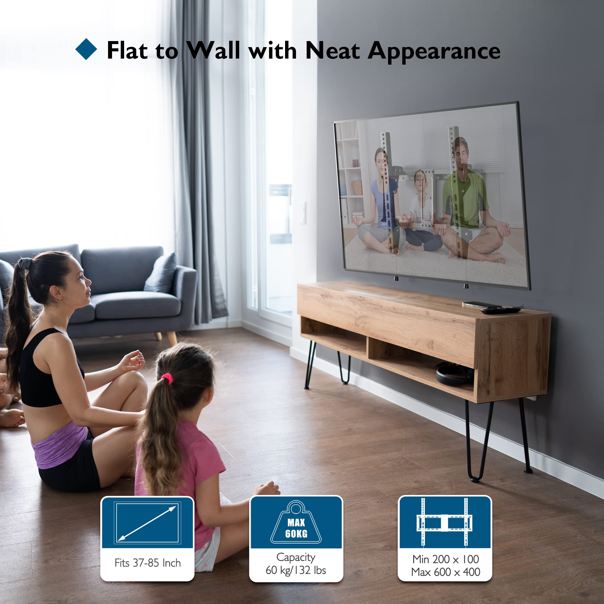 BONTEC Tilt TV Wall Mount for Most 37-85 Inch LED LCD OLED Flat Curved Screen TVs Fits 16" 18" 24" Wood Stud, Low Profile TV Wall Bracket with Max. VESA 600x400mm, Hold Up to 132LBS