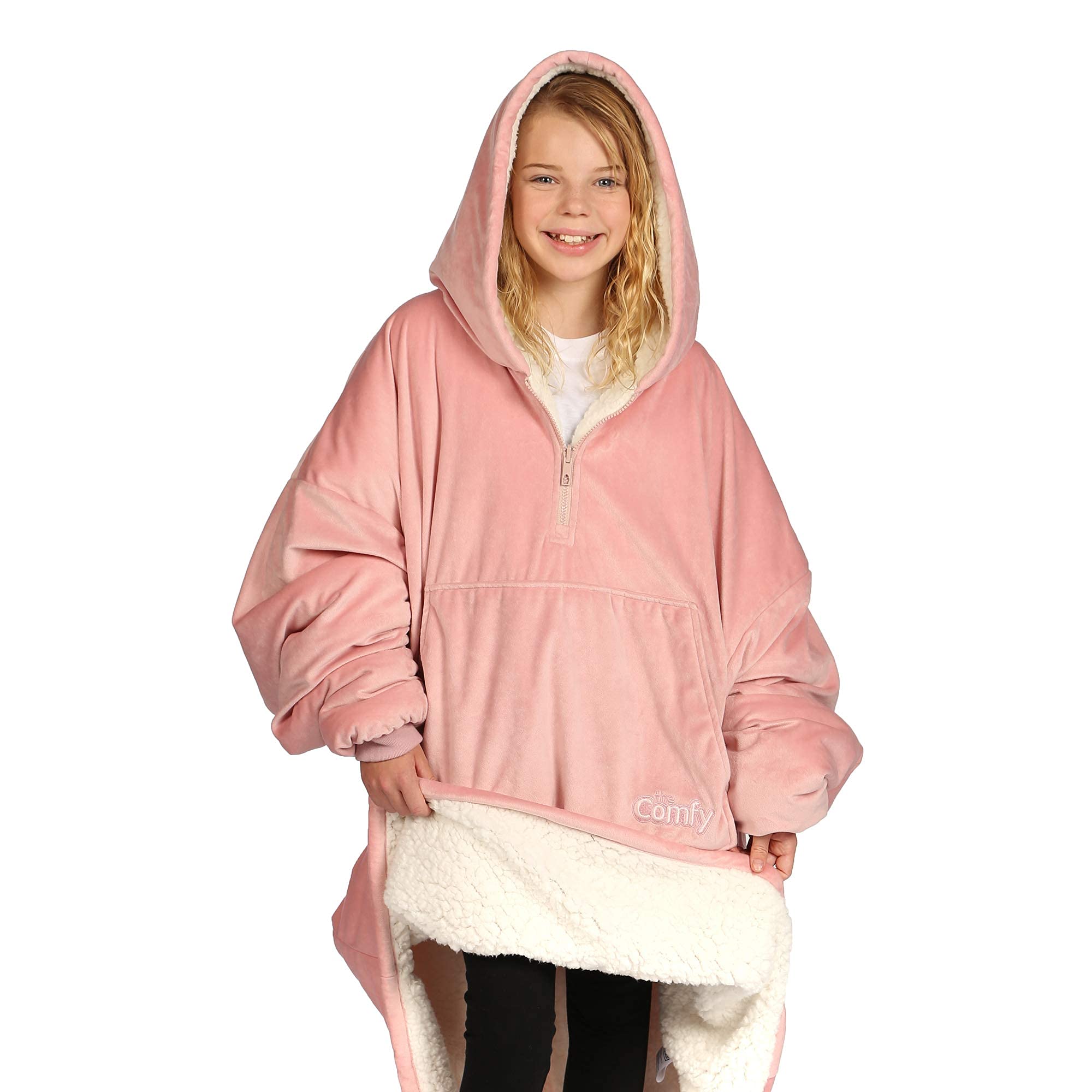 THE COMFY Original Quarter Zip | Oversized Microfiber & Sherpa Wearable Blanket with Zipper, Seen On Shark Tank, One Size Fits All (Blush)