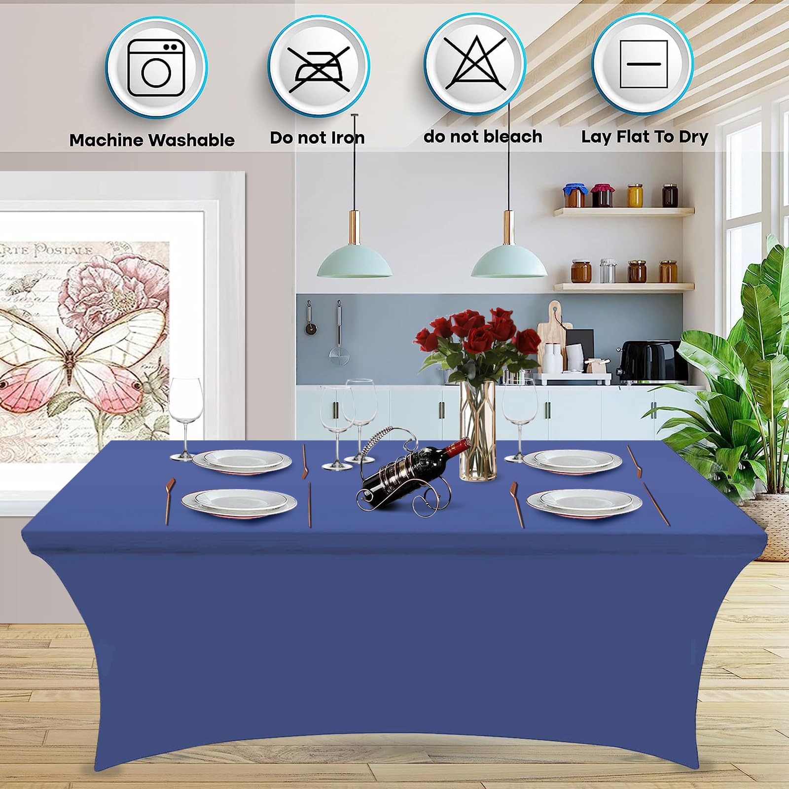 Hussome 8FT Table Cloth for Rectangle Table Blue Tablecloth Rectangular Fitted Stretch Spandex Table Covers 8 ft for Birthday, Cocktail, Wedding, Banquet Spring Summer Outdoor Party