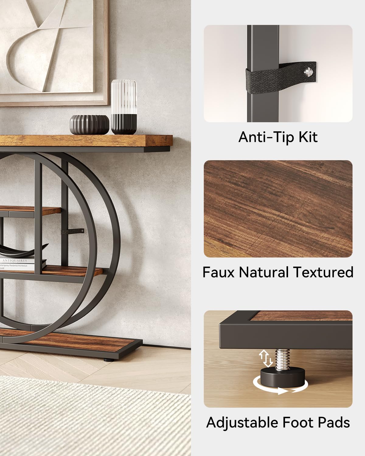 LITTLE TREE Console Table, 4-Tier Entryway Table, 41.3-Inch Industrial Sofa Table for Living Room, Foyer Hallway Table for Entrance, Rustic Brown and Black