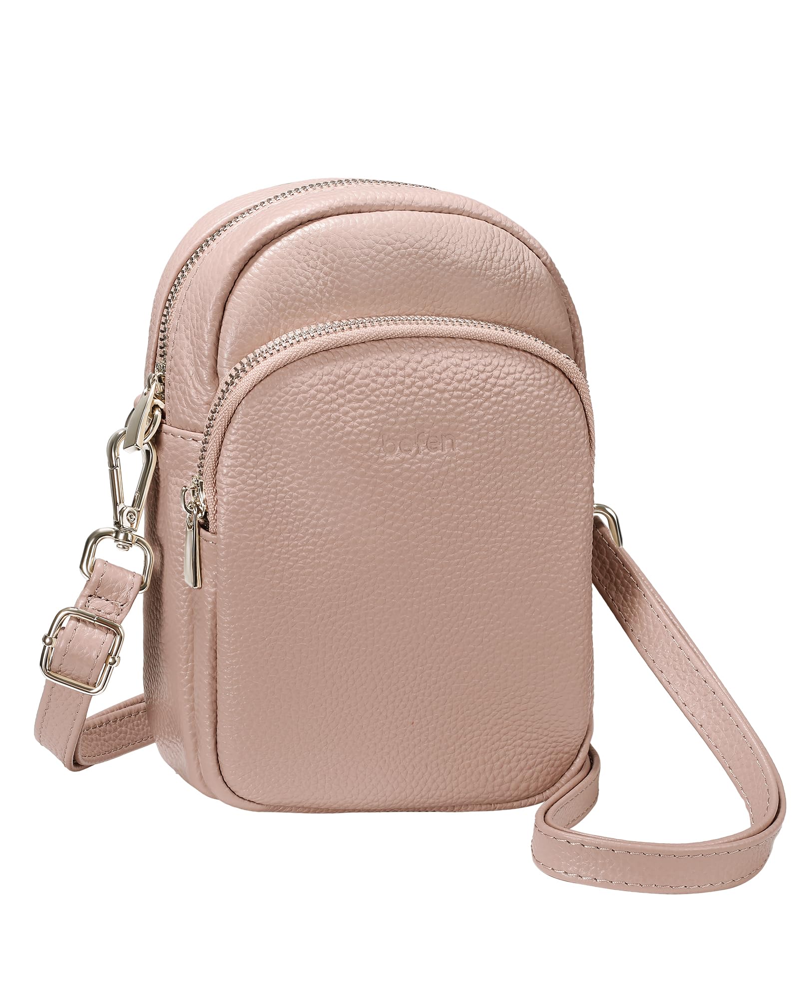 befen Nude Pink Genuine Leather Small Crossbody Bags for Women Cellphone Purses Shoulder Bag with RFID Blocking Card Slots