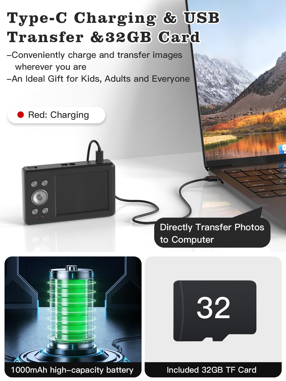 Upgrade Digital Camera, 56MP FHD 1080P Camera for Kids with 16x Zoom Anti Shake, Kid Camera with 32GB TF Card, Two Batteries, Lanyard, Compact Small Camera for Kids Boys Girls(Black)