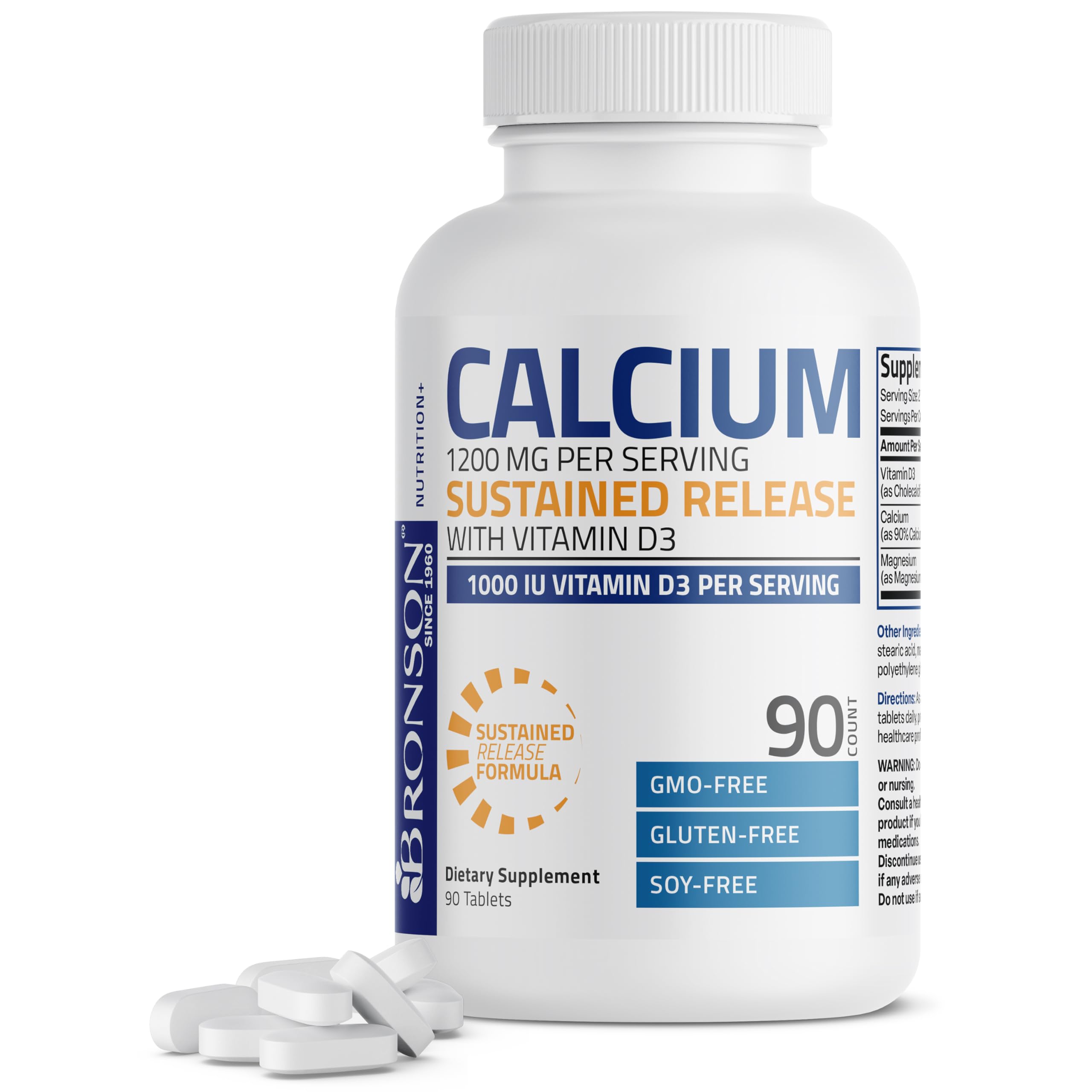 Bronson Calcium 1200 MG Per Serving Sustained Release with Vitamin D3 1000 IU Vitamin D3 Per Serving Non-GMO, 90 Tablets