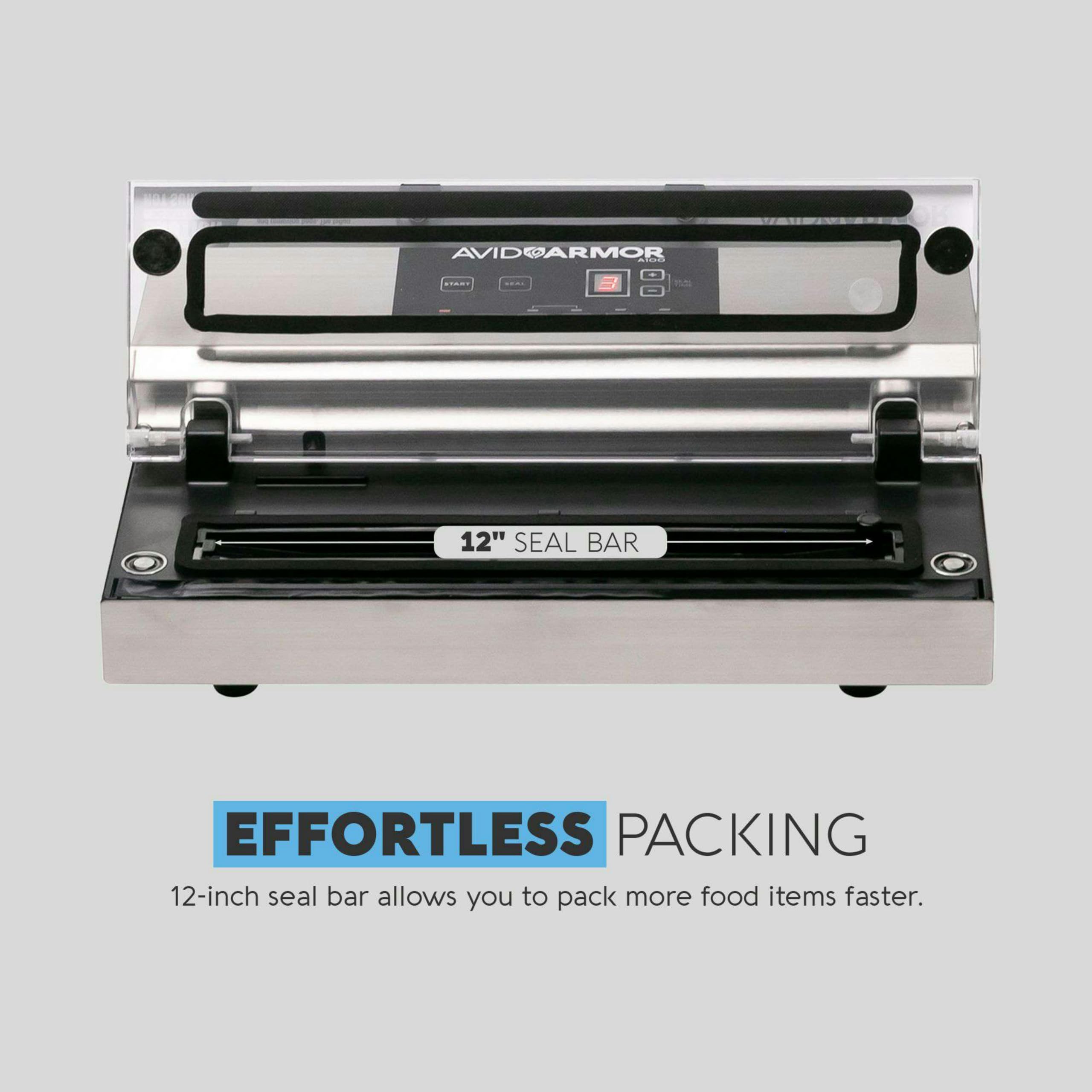 Avid Armor Vacuum Sealer Machine - A100 Stainless Construction, Clear Lid, Commercial Double Piston Pump Heavy Duty 12 Wide Seal Bar Built in Cooling Fan Includes 30 Pre-cut Bags and Accessory Hose