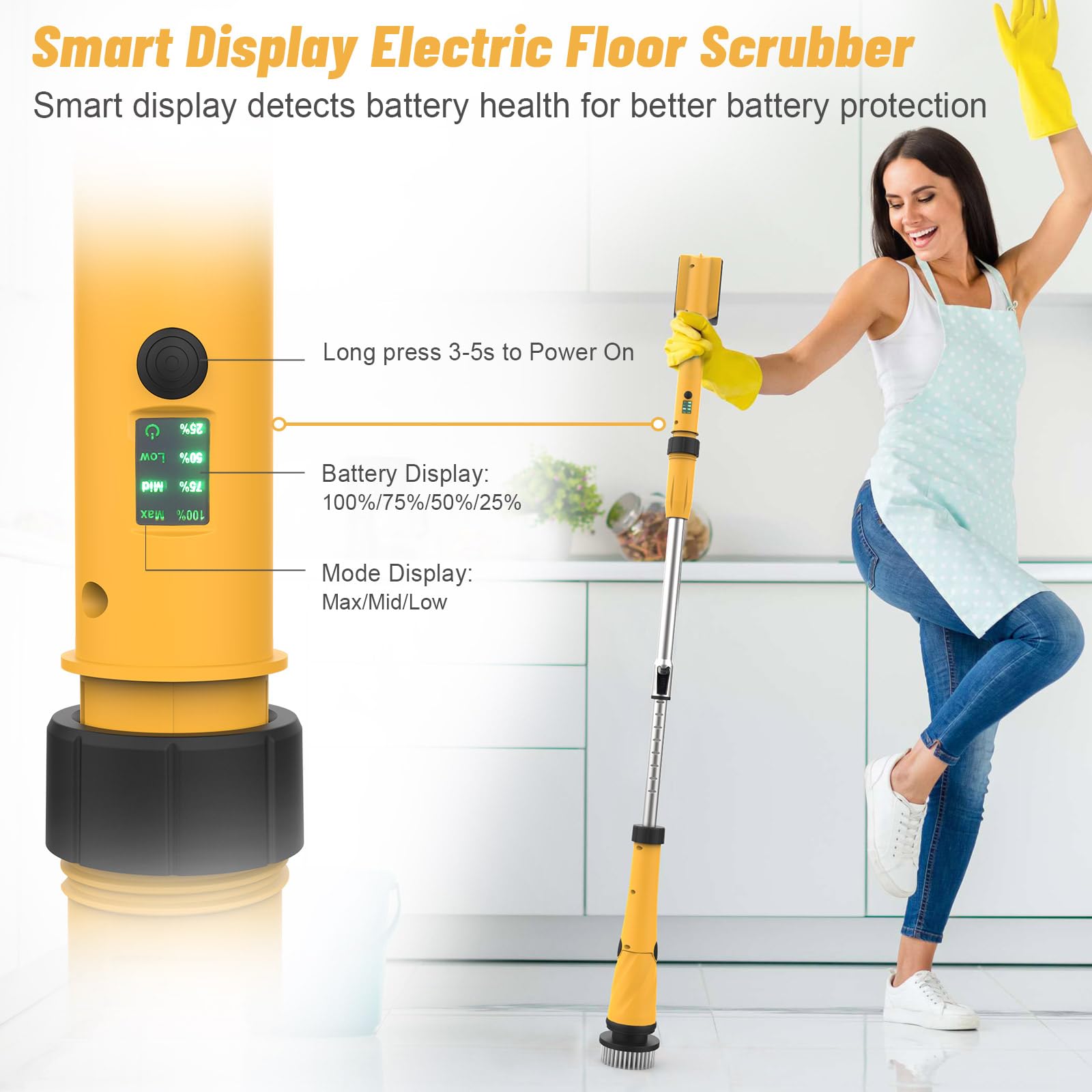 Qimedo Electric Spin Scrubber with Two Batteries, 1200 RPM High Power Electric Scrubber for Cleaning, Shower Cordless Cleaning Brush with LED Display for Bathtub Grout Tile Floor (8 Brushes)
