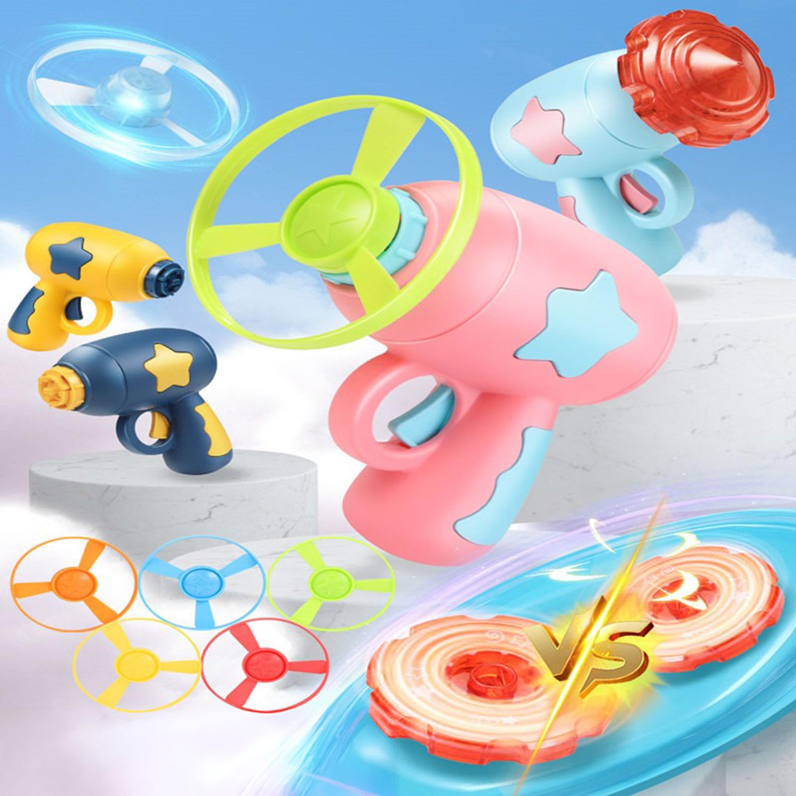 Vilbocr Flying Disc Launcher Toy,Fun and Easy-to-Use Outdoor Toys Outside Yard Games Kids 3-8,1 Flying Saucer & 6 Discs and Gyroscope(2 Glow in The Dark),Launch up to 32 ft (Green)