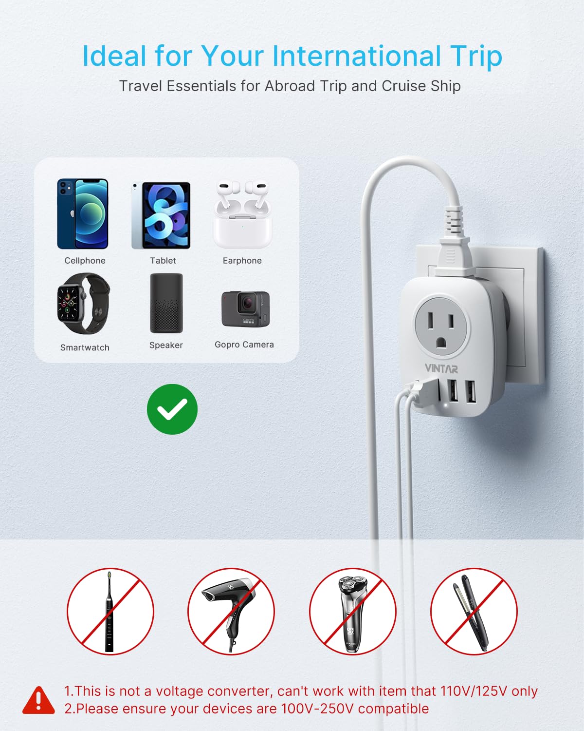 Israel Power Adapter, VINTAR Israel Plug Adapter with 1 USB C,3 USB Ports and 2 American Outlets,6 in 1 Type H Travel Adapter for US to Israel, Jerusalem, Palestine