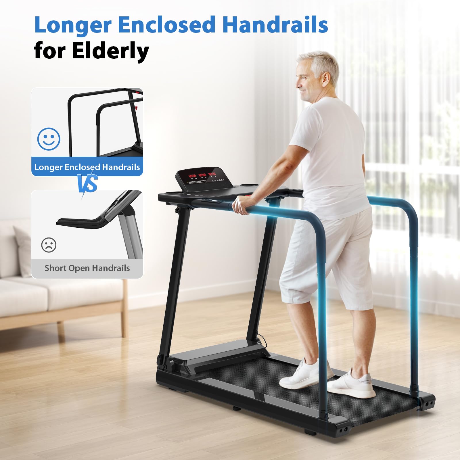 CIIHI Walking Treadmill for Senior - 350 lbs Senior Treadmill for Home with Long Handrails - Recovery Fitness Exercise Machine for Elder with Desk Workstation