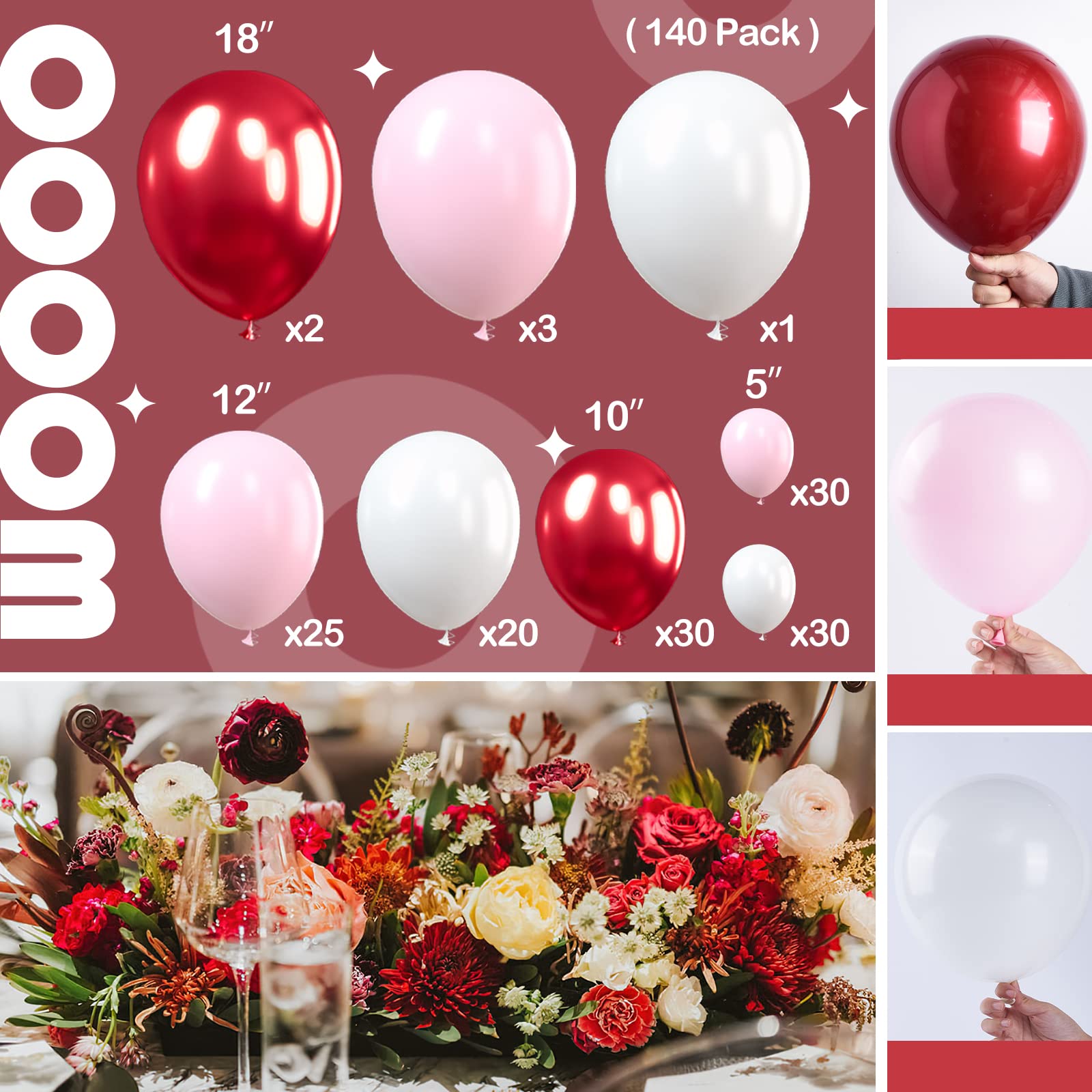 PartyWoo 140 pcs Burgundy and Pink Balloon Garland Kit, Balloons, White Balloons Pastel for as Birthday Decorations, Baby Shower Wedding Decorations
