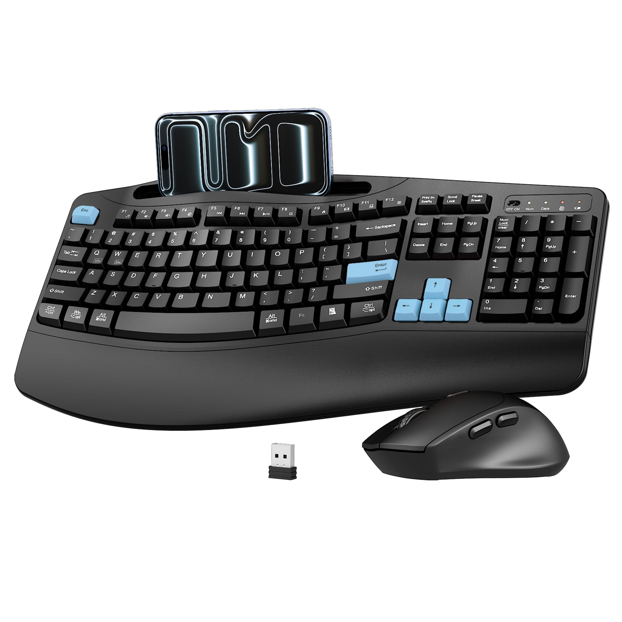 Wireless Keyboard and Mouse Combo, 2.4G Full Size Wave Keys Ergonomic Keyboard with Wrist Rest, Phone Holder, 3-Level DPI Wireless Silent Mouse with 6-Buttons, for Windows, Mac OS, Laptop (Blue Black)