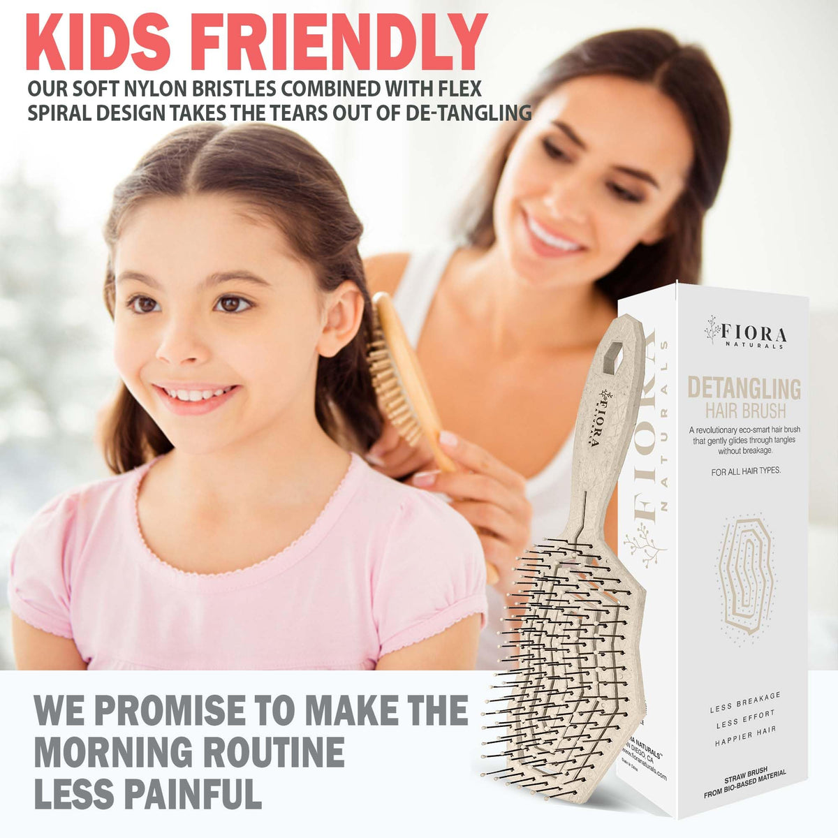 Fiora Naturals Hair Detangling Brush -100% Bio-Friendly Detangler hair brush w/Ultra-soft Bristles- Glide Through Tangles with Ease - For Curly, Straight, Women, Men, Kids, Toddlers, Wet and Dry Hair