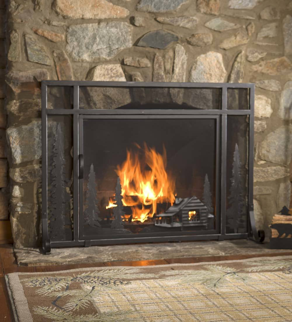 Plow & Hearth Metal Fireplace Screen Cabin Flatguard Black | 44" W x 33" H | Spark Guard Indoor Grate | Wood Stove Accessories