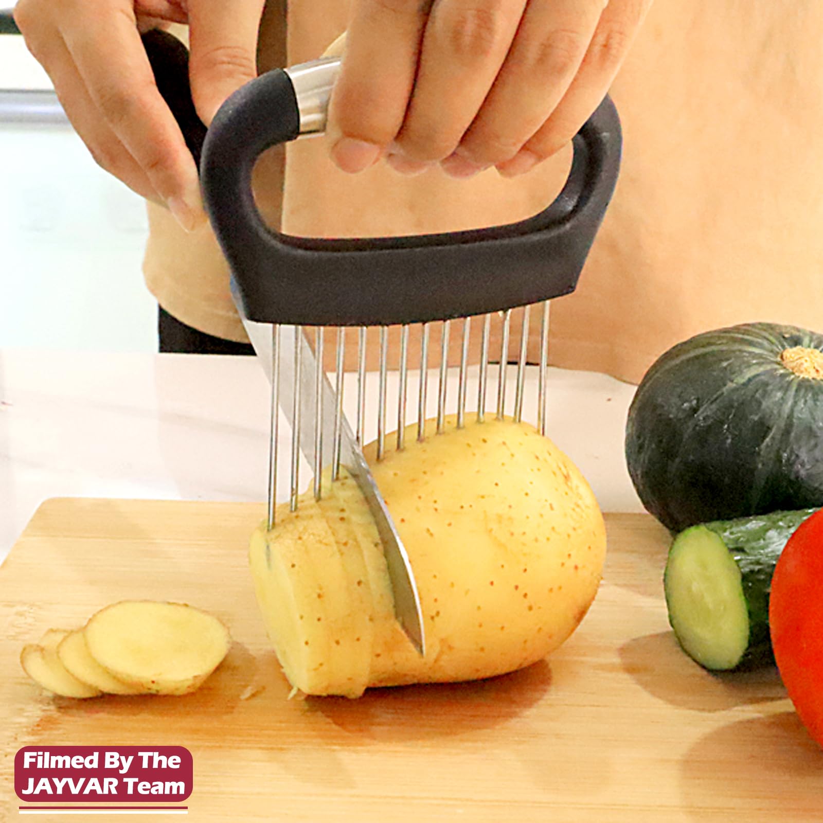JAYVAR Large Onion Holder for Slicing, Large Onion Cutter Vegetable Chopper, Stainless Steel Tomato Slicer for Potato Lemon, Practical Meat Tenderizer Tool, Kitchen Food Slicer Guide for Neat Slicing
