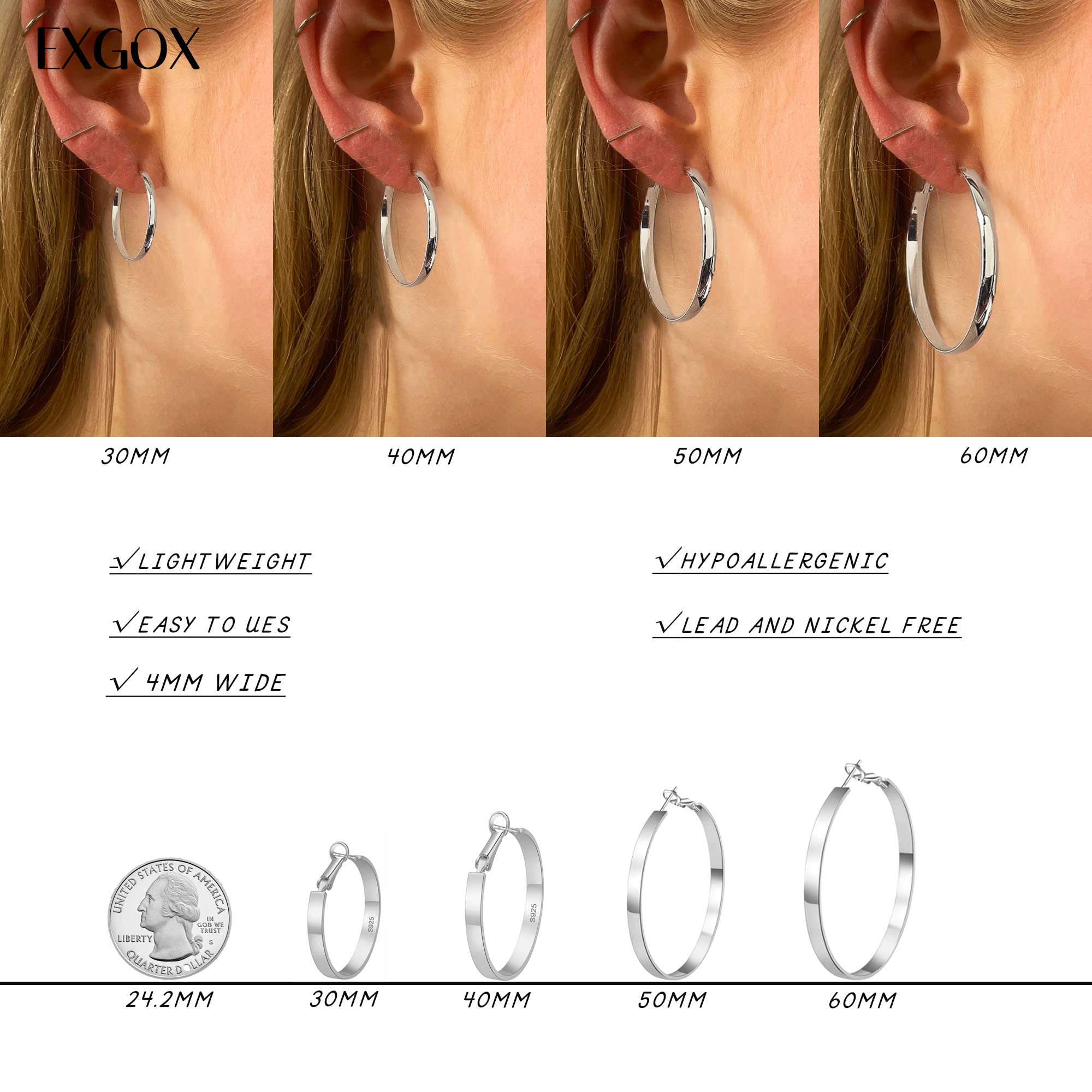 EXGOX Silver Large Hoop Earrings - 14K Gold Plated, Hypoallergenic 925 Sterling Silver Hoops for Women and Girls (30/40/50/60mm)