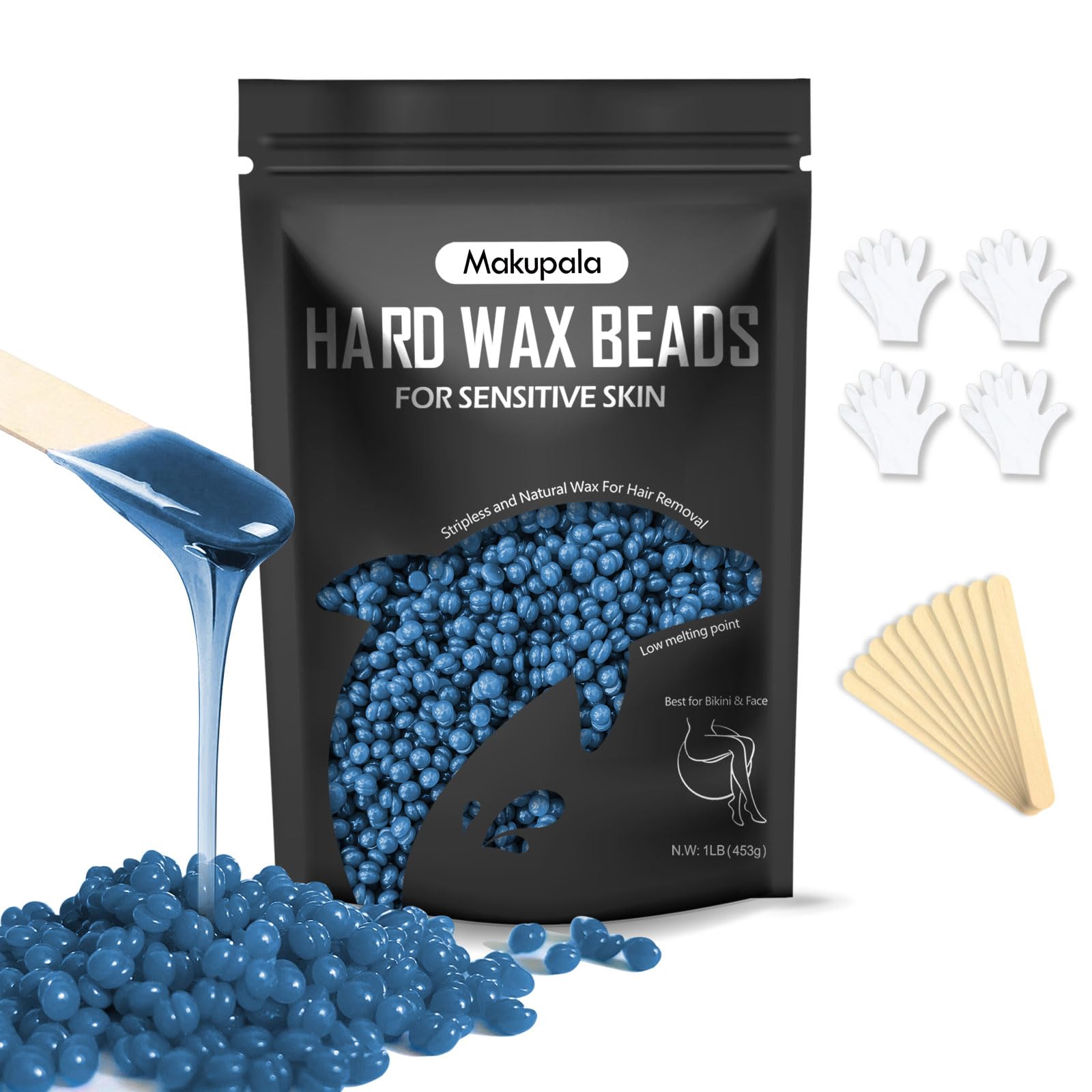 Makupala Hard Wax Beads for Sensitive Skin, 1lb Unscented Waxing Beads at Home for Brazilian Waxing Women Men, Professional Wax Beans Hair Removal for Body, Bikini, Legs, Facial, Easy Use, Blue