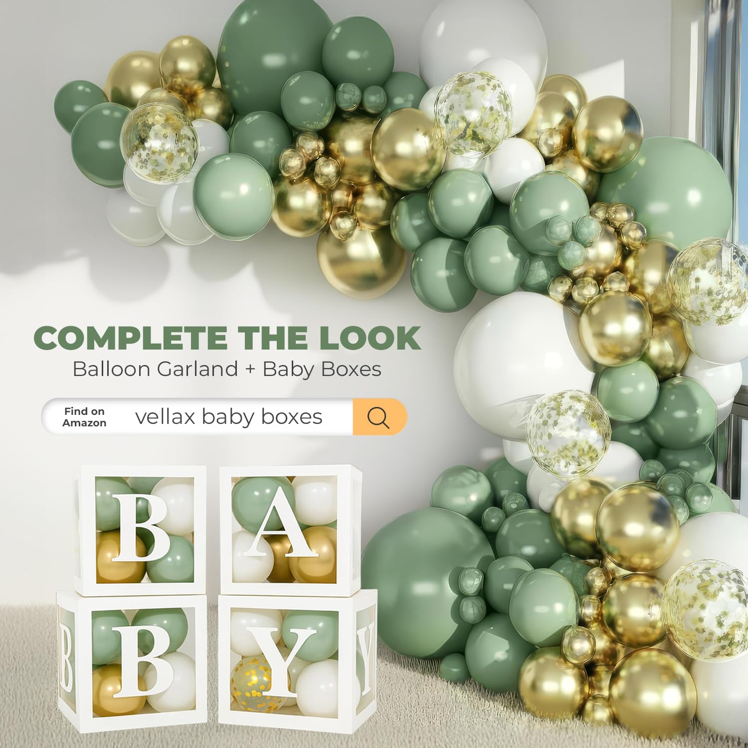 Balloon Garland Arch Kit – 146 Pcs Sage Green, White, Metallic Gold & Confetti Balloons for Baby Shower, Birthday, Gender Reveal, Wedding Party – DIY Kit by Vellax™