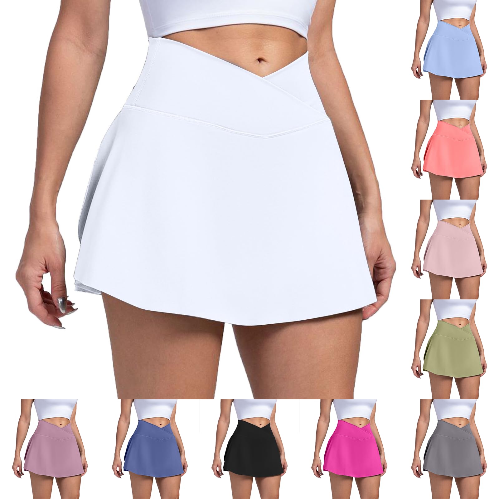 Womens Tennis Skirts with Shorts Cross Elastic High Waisted Tummy Control Golf Skort Gym Workout Skirts with Pockets Womens Golf Skirt Falda Short para Mujer Golf Apparel Tennis Skorts White