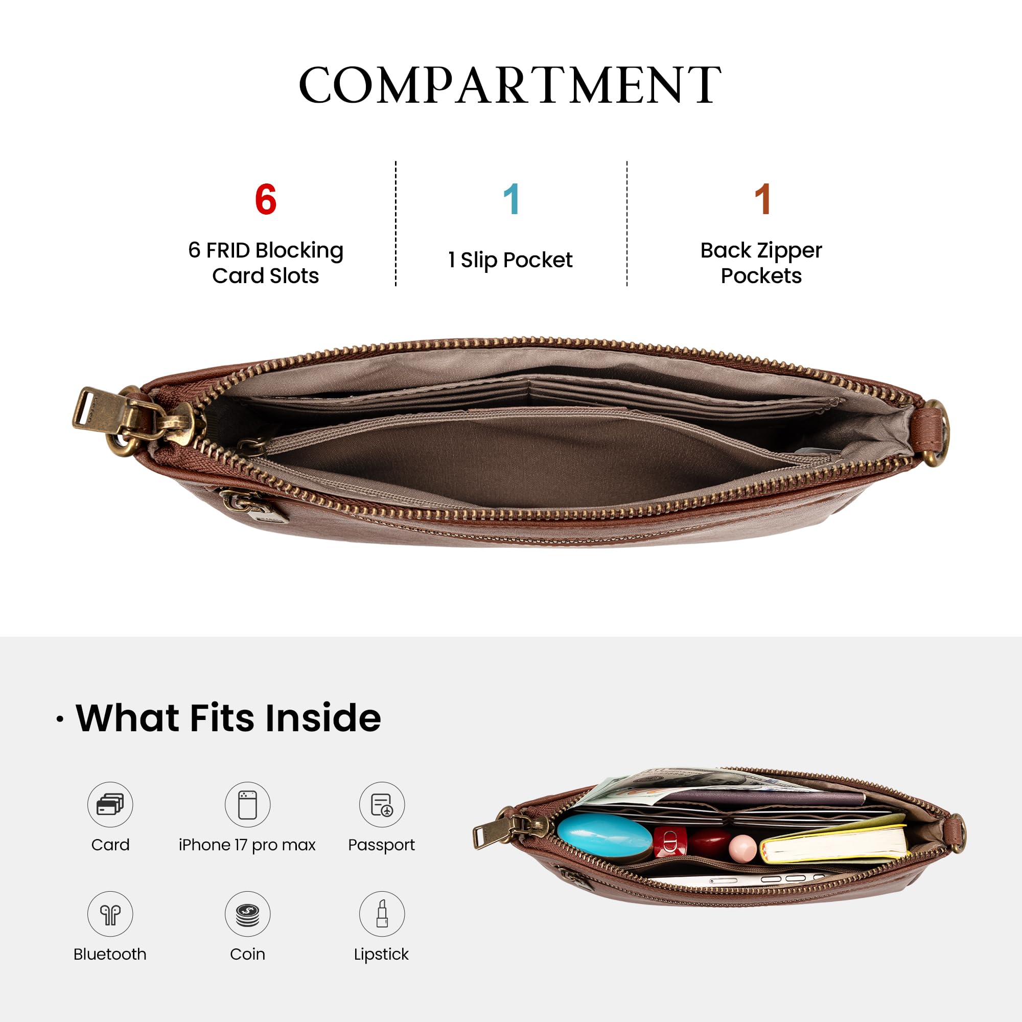 befen Genuine Leather Crossbody Bags for Women Designer Cell Phone Purse Brown Leather Purse Soft Wristlet Wallet Small Clutch Shoulder Handbag with Wrist and Crossbody Strap