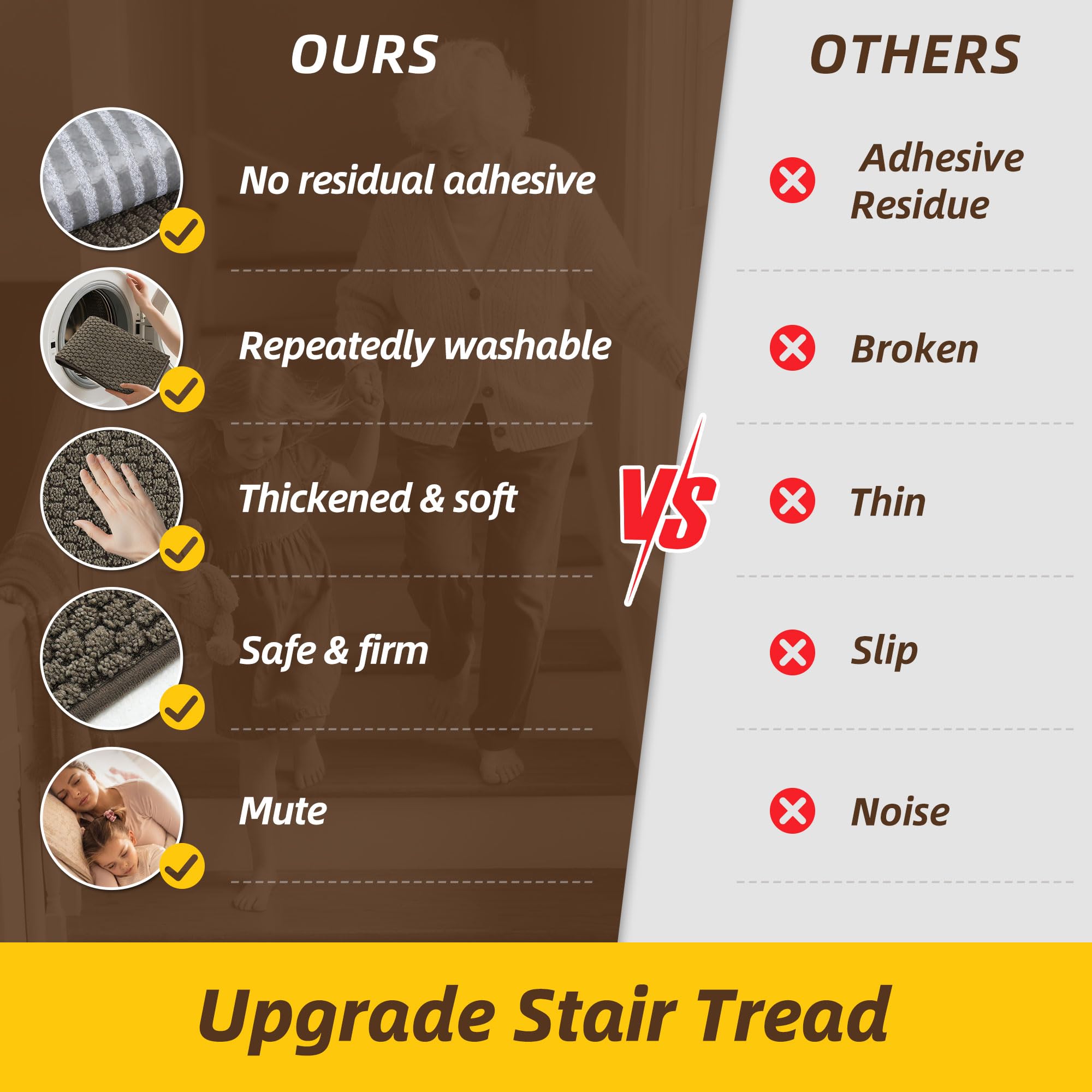 JSEI Stair Treads for Wooden Steps, 14 Pack 9" X 28" Non-Slip Machine Washable Carpet Stair Treads with TPE Backing, Soft Indoor Stair Rug Runner for Kids Elders & Pets, 100% Polyester, Greyish Brown