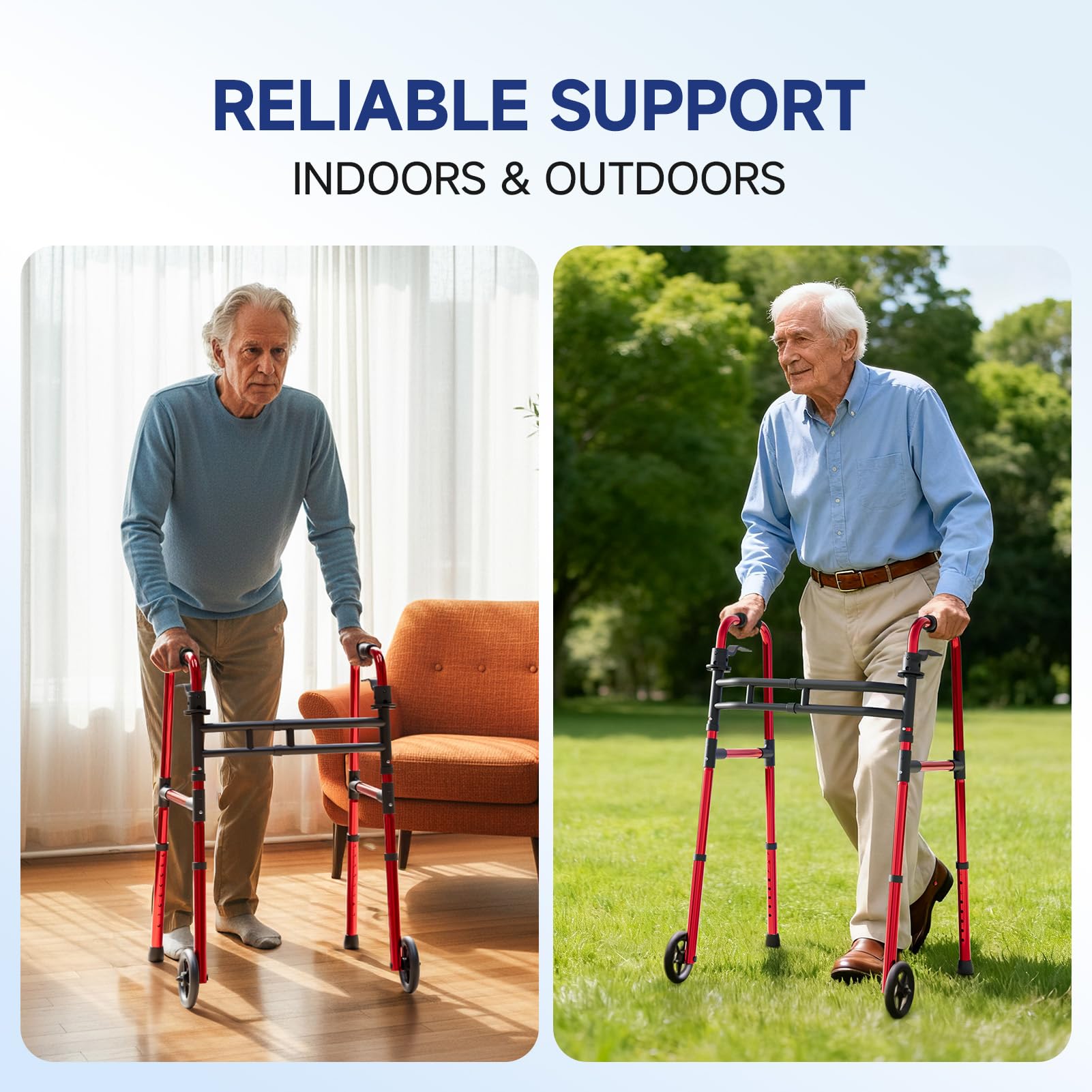 Loyoda Walkers for Seniors Foldable, Aluminum Lightweight Walker with Wheels, Adjustable Height & Width Standard Walkers for Elderly & Disabled, 350 lbs Capacity, Red