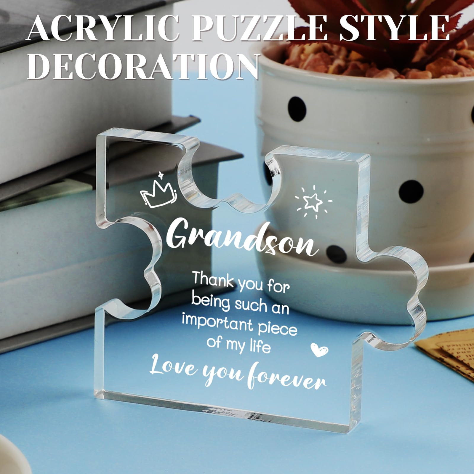Funnli Grandson Gifts from Grandma Acrylic Puzzle Plaque - Christmas Valentines Day Fathers Day Birthday Gifts for Grandson 3.35 x 2.76 Inch Desk Decorations